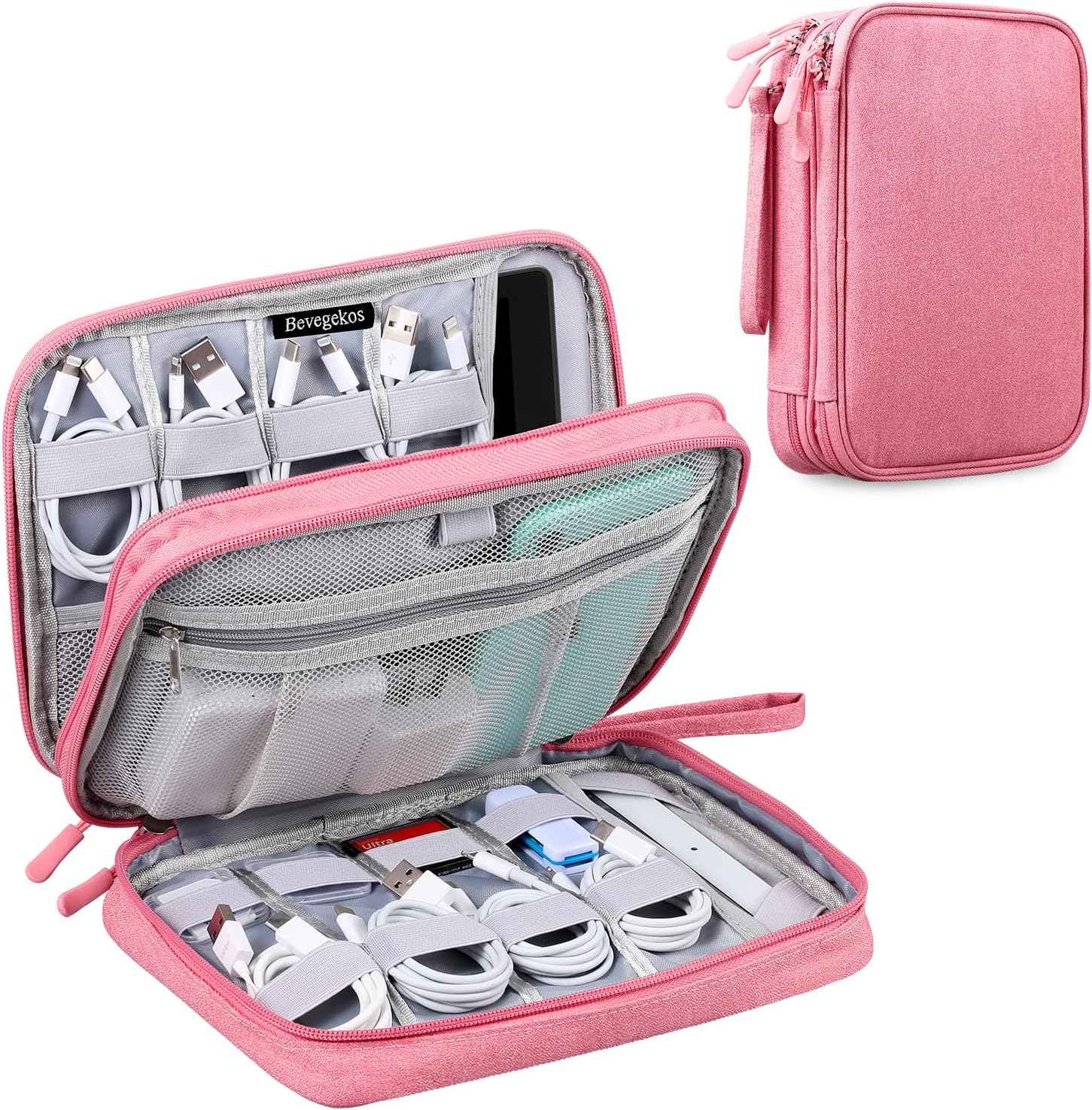 Large Electronics Organizer, Travel Accessories Cord Pouch for 7.9 Inch Tablet, Cables, Charger, Power Adapter, 2 Layers (Rosy Pink)