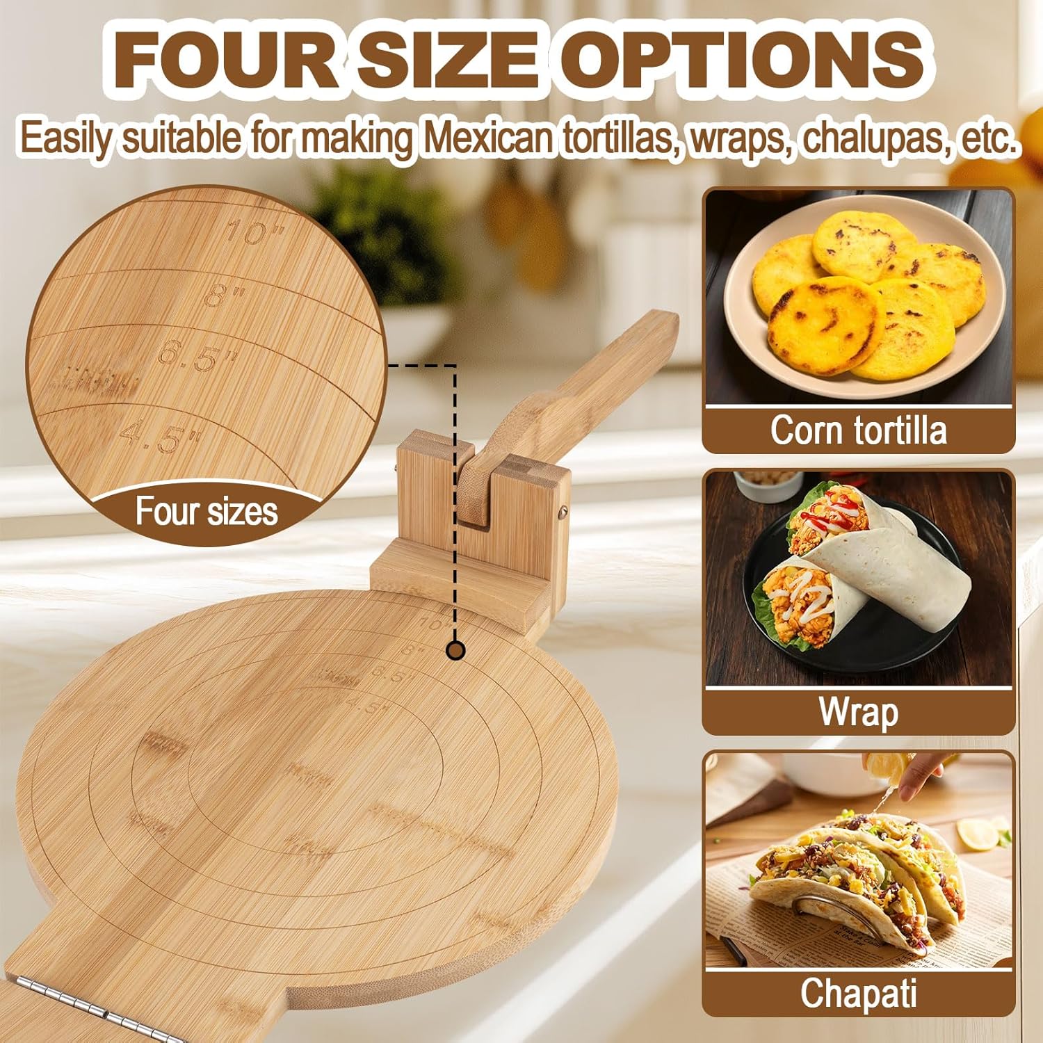 Bamboo Tortilla Press 10 inch - Mexican Tortilla Maker with 100 Parchment Papers | Homemade Flour & Corn Tortillas, Tortillera, Pataconera, Dough Press for Easy Cooking