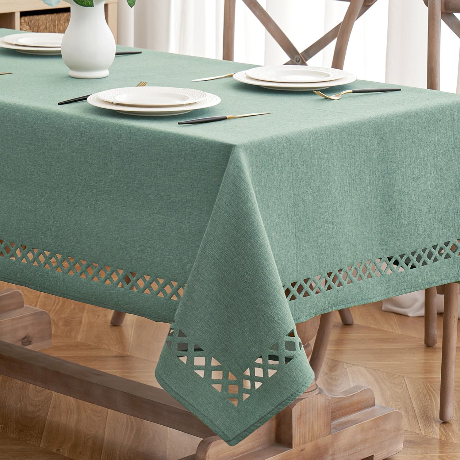 MIULEE Mint Green Polyester Linen Rectangle Tablecloth with Decorative Cutouts Waterproof Stain Resistant Table Cloth Farmhouse Teal Table Cover for Thanksgiving Dining Party Camping, 55 x 102 inch 102" x 55" (Rectangular) Mint Green