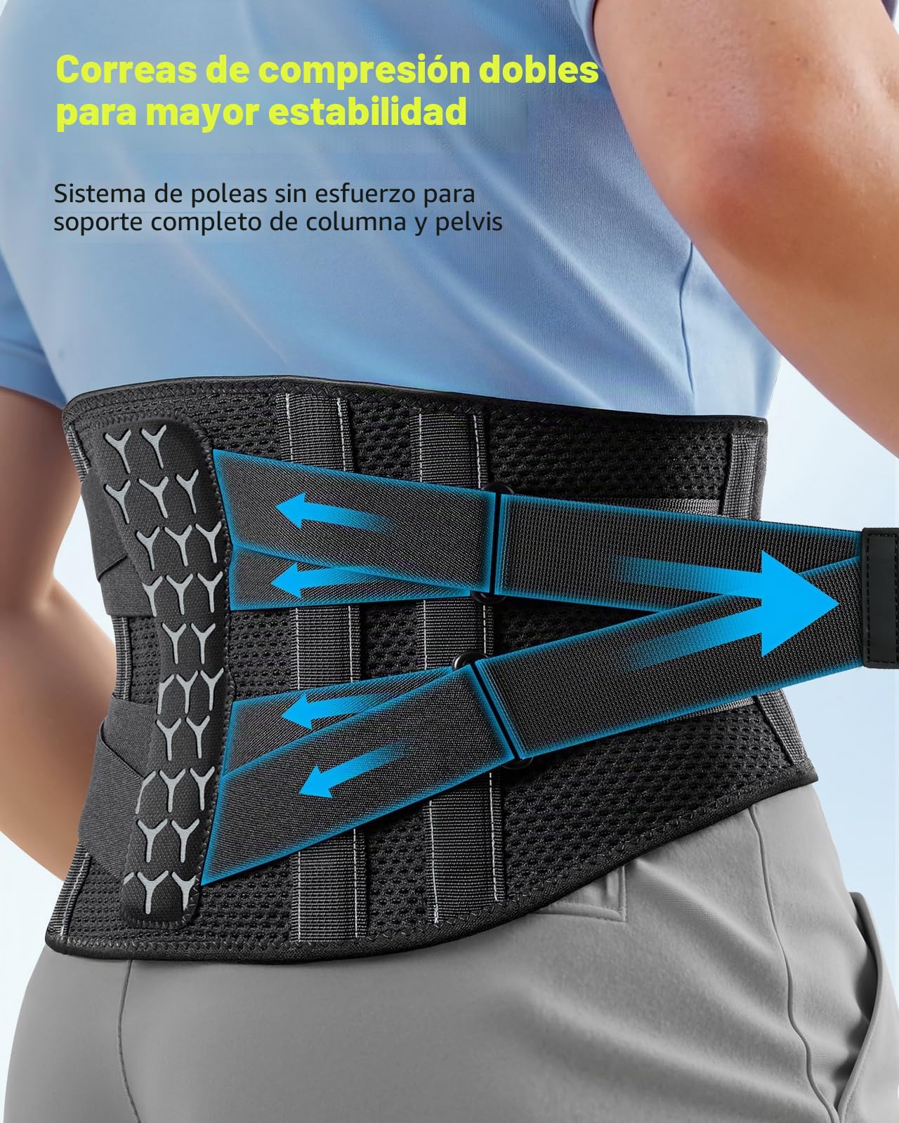Rakiie Lumbar Para Hombre y Mujer, 7X Soporte Ergonómico para mujer y Hombre, Correas Ajustables y malla Suave y Transpirable (Gris, Large)