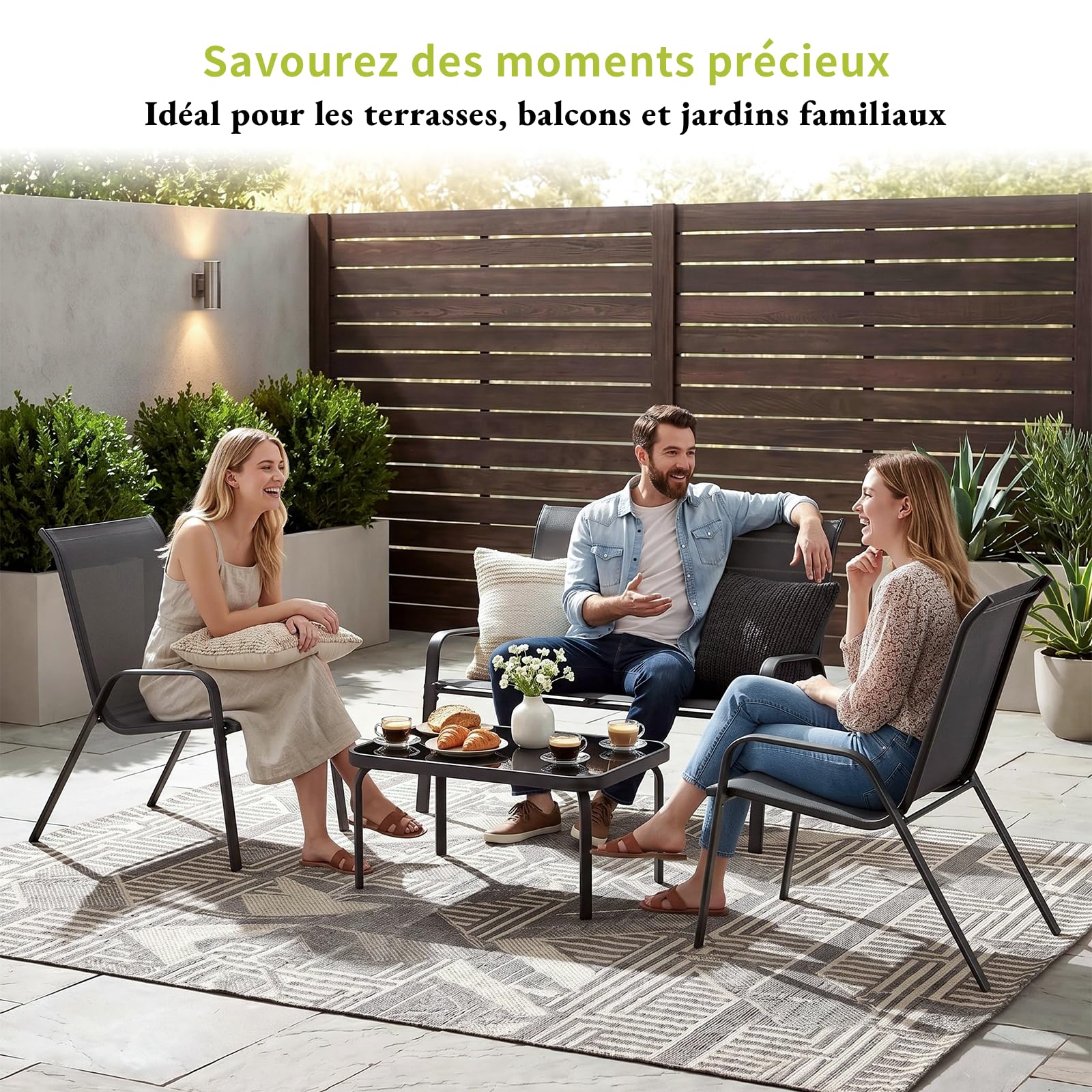 LIFERUN Salon de Jardin Extérieur 4 Pièces 4 Personnes,Ensemble de Mobilier | Textilène Résistant, Canapé 2 Places, 2 Fauteuils, 1 Table Basse, Ensemble de Terrasse pour Balcon, Extérieurs (Gris)