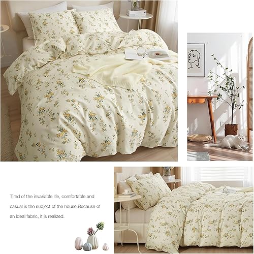 Miniatura 6 de AMWAN Funda de edredón floral botánica, tamaño individual, elegante, con flores amarillas, 100% algodón, funda de edredón floral de jardín, juego de