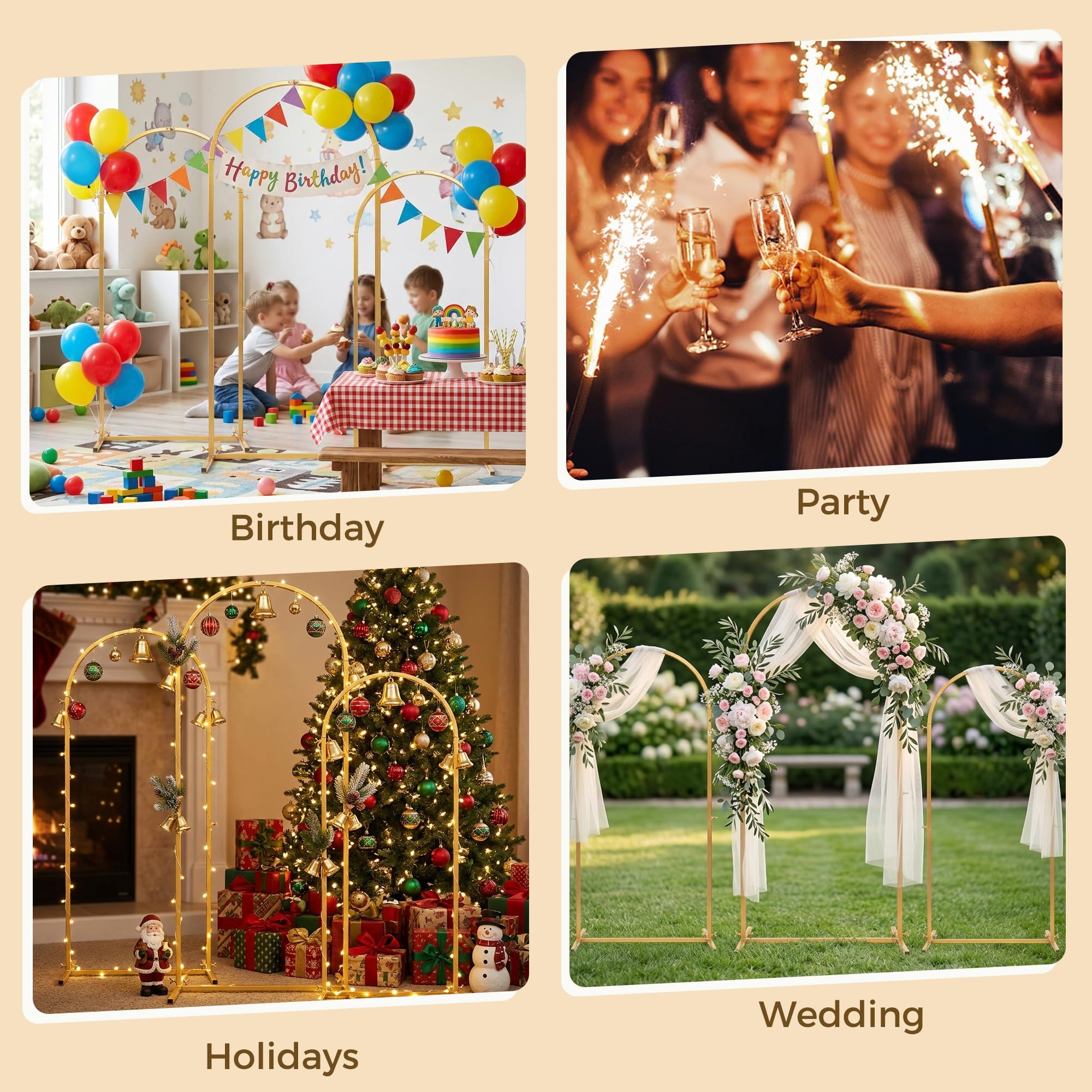 Lot de 3 Supports d'arche de Fond en Métal Doré, Arche de Ballon pour Mariage Fleurs et Photobooth pour Cérémonie, Anniversaires, Décorations Festives, Baby Shower, 1.8m/1.5m/1.2m