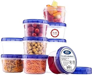 AQUA BLUE Soup Freezer Storage Containers With Twist Top lids [16 Oz - 10 Pack] Reusable Plastic Food Container with Screw On Lids, leak proof, Airtight, Stackable, Microwave Safe BPA Free