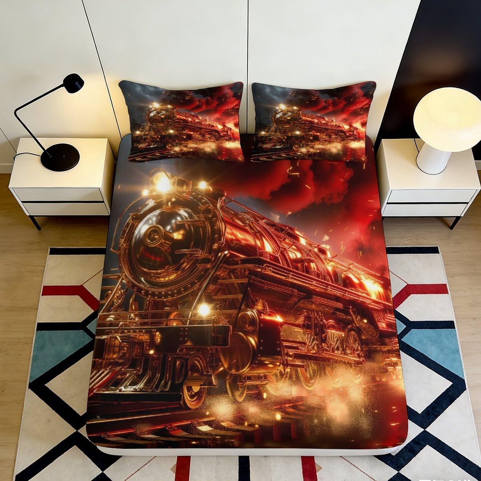 3D Printed Steam Train Fitted Sheet Microfiber Soft Red Night Locomotive Mattress Cover for Bedroom Dorm Decor 90x200x25cm