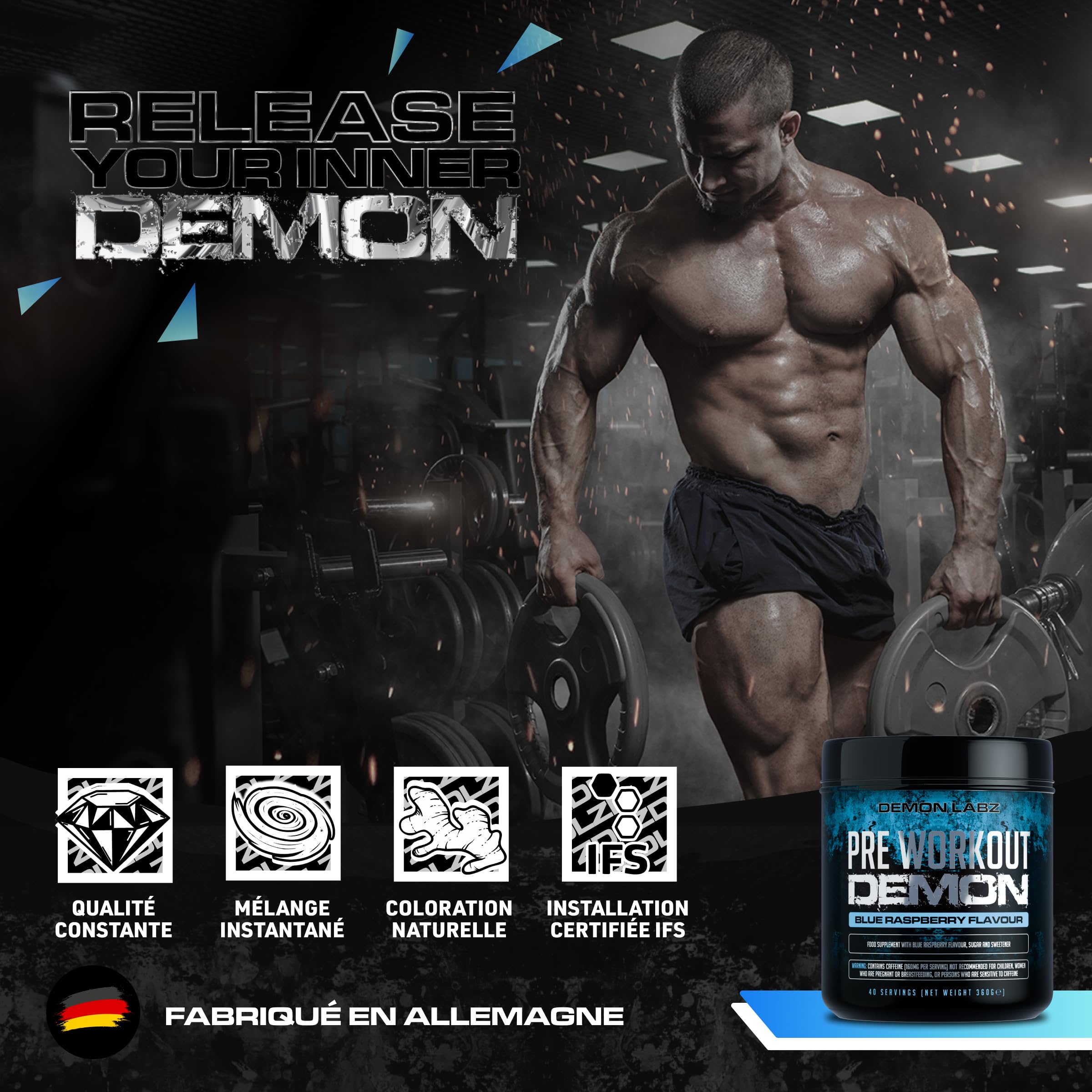 Pre Workout Demon - Pré-Entraînement Créatine (Framboise Bleue, 360g) | Booster pré-entraînement en poudre avec 160mg de caféine par dose, créatine, bêta-alanine, citrulline, glutamine et taurine