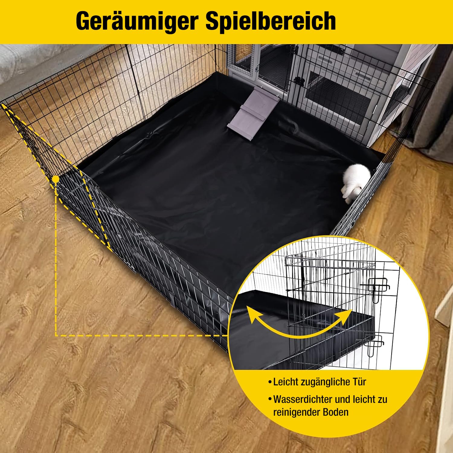 Aivituvin Laufstall für Kaninchen, Tierkäfig mit wasserdichter Auskleidung – Verlängerungs-Laufstall (Schwarz, Tiergehege)
