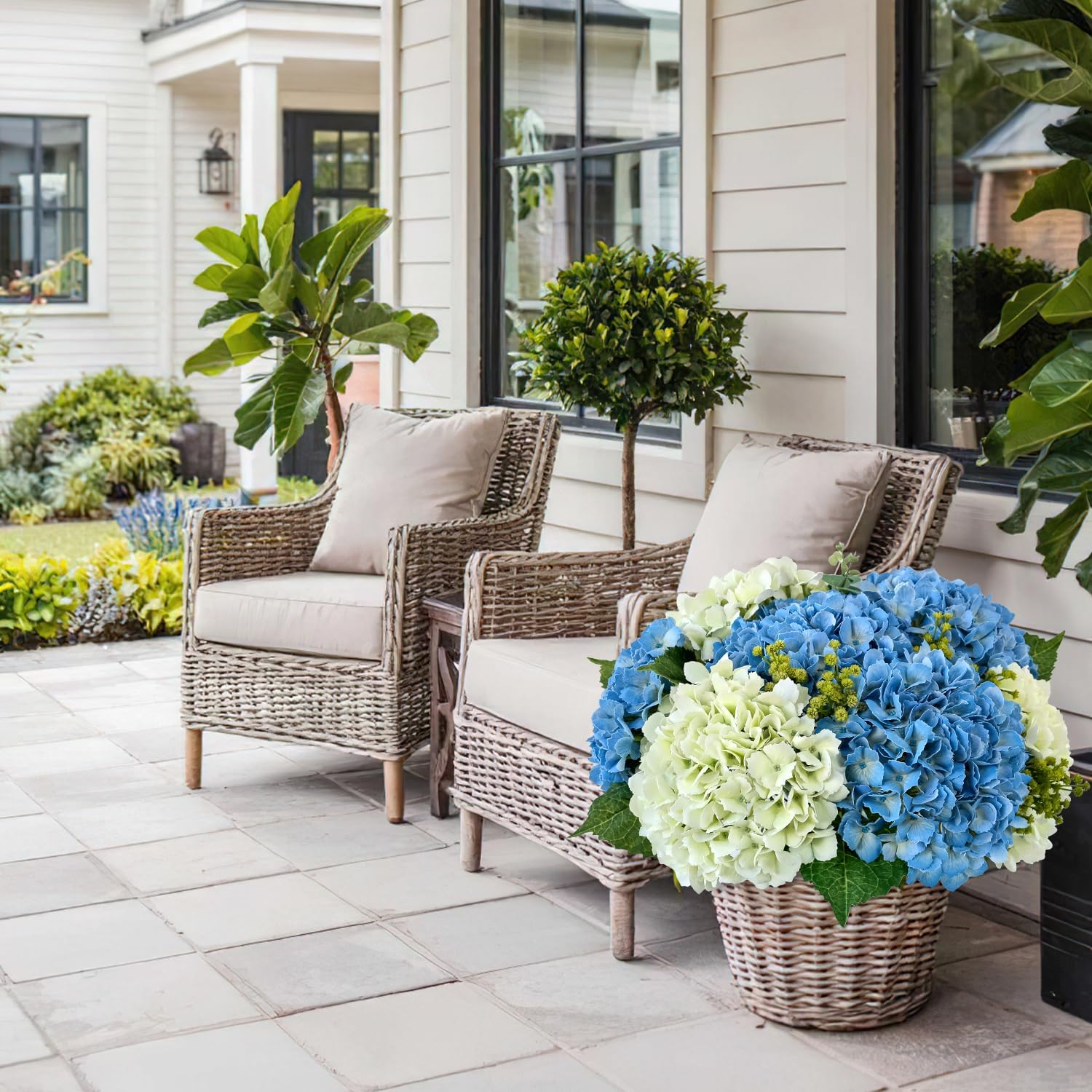 JINWOE Artificial Hydrangea Flowers, 3pcs 21" Latex Real Touch Spring Faux Hydrangea Flowers, Lifelike Artificial Hydrangeas for Porch Bouquets Wedding Home Table Centerpieces （White&Light Green）