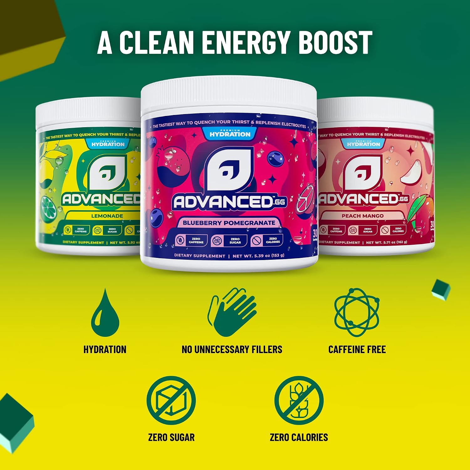 Hydration by ADVANCED - High-Performance Electrolyte Drink Mix with B Vitamins for All-Day Hydration - Caffeine Free, Zero Calories, Sugar Free, & Keto Friendly - (30 Servings, Lemonade)