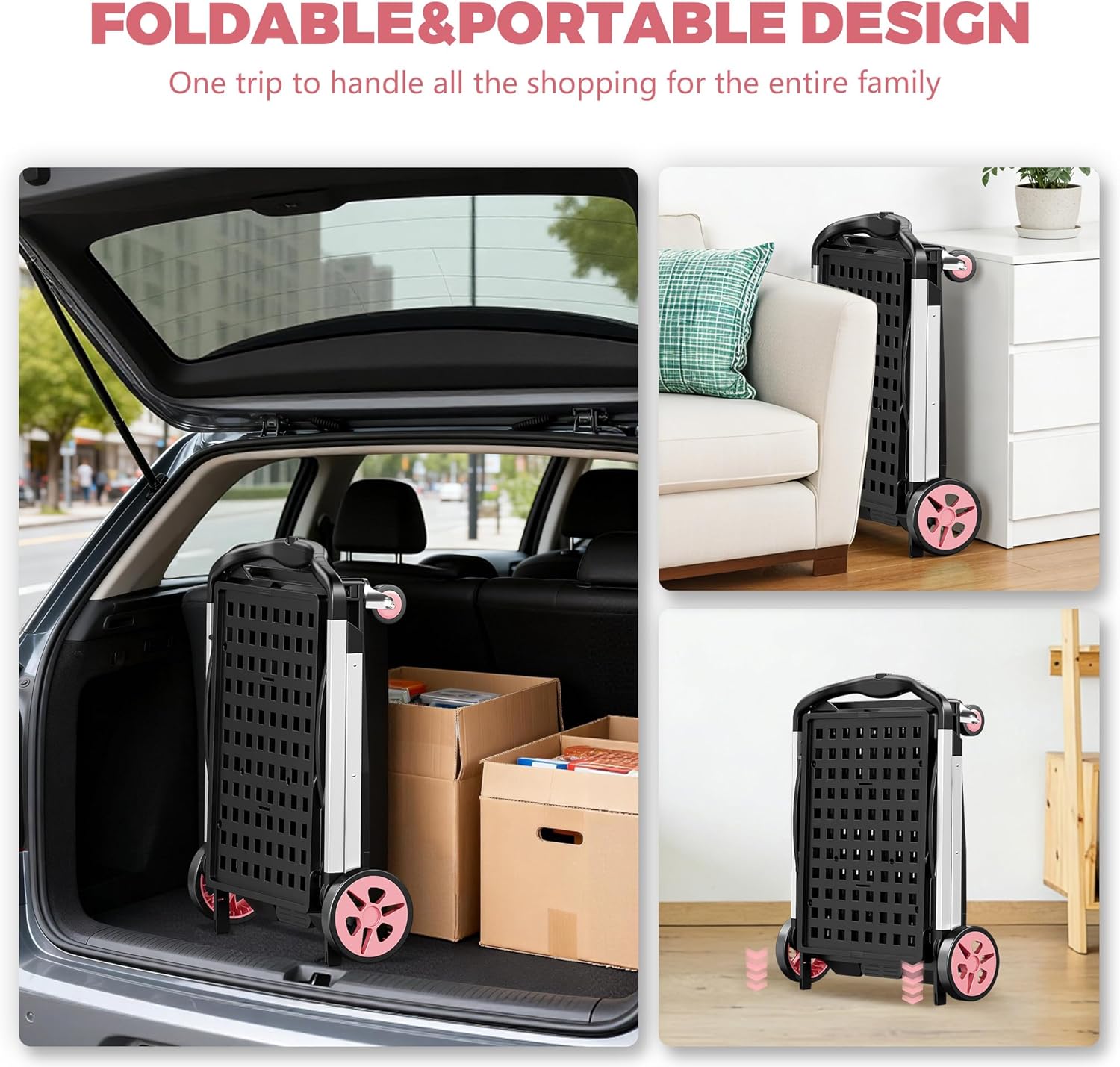 Collapsible Shopping Cart with Wheels, 8-in-1 200LBS Multi Functional Utility Cart with 2 Storage Crate, Grocery Cart with Adjustable Handle, Foot Brake for Shopping/Warehouse/Office/Supermarket-Pink