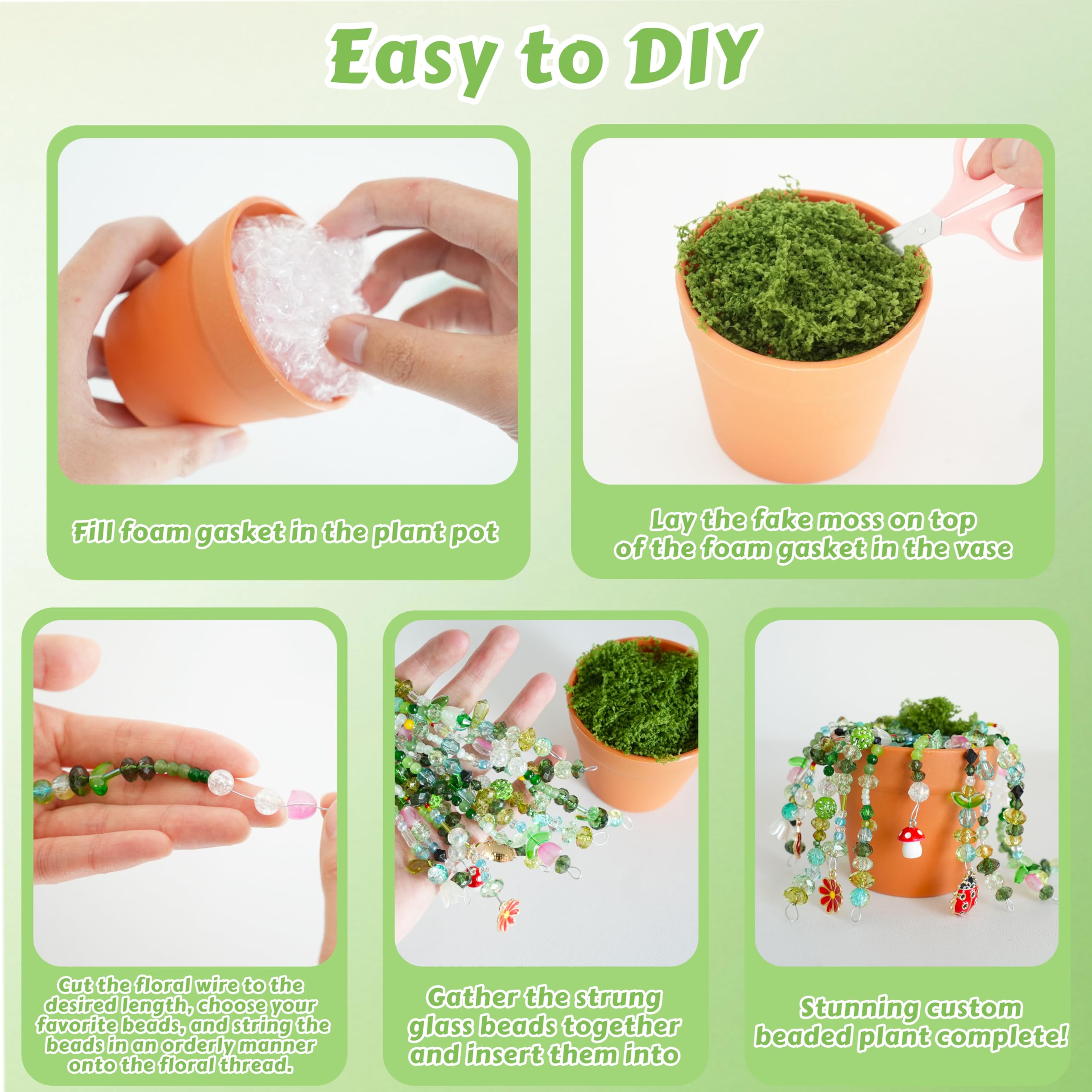 DreamingDay Perlen-Pflanzen-Set zum Selbermachen, grünes Glasperlen-Set mit Draht und künstlichem Moos für Pflanzen- und Schmuckherstellung, DIY-Bastelset für Pflanzenliebhaber, Geschenk für