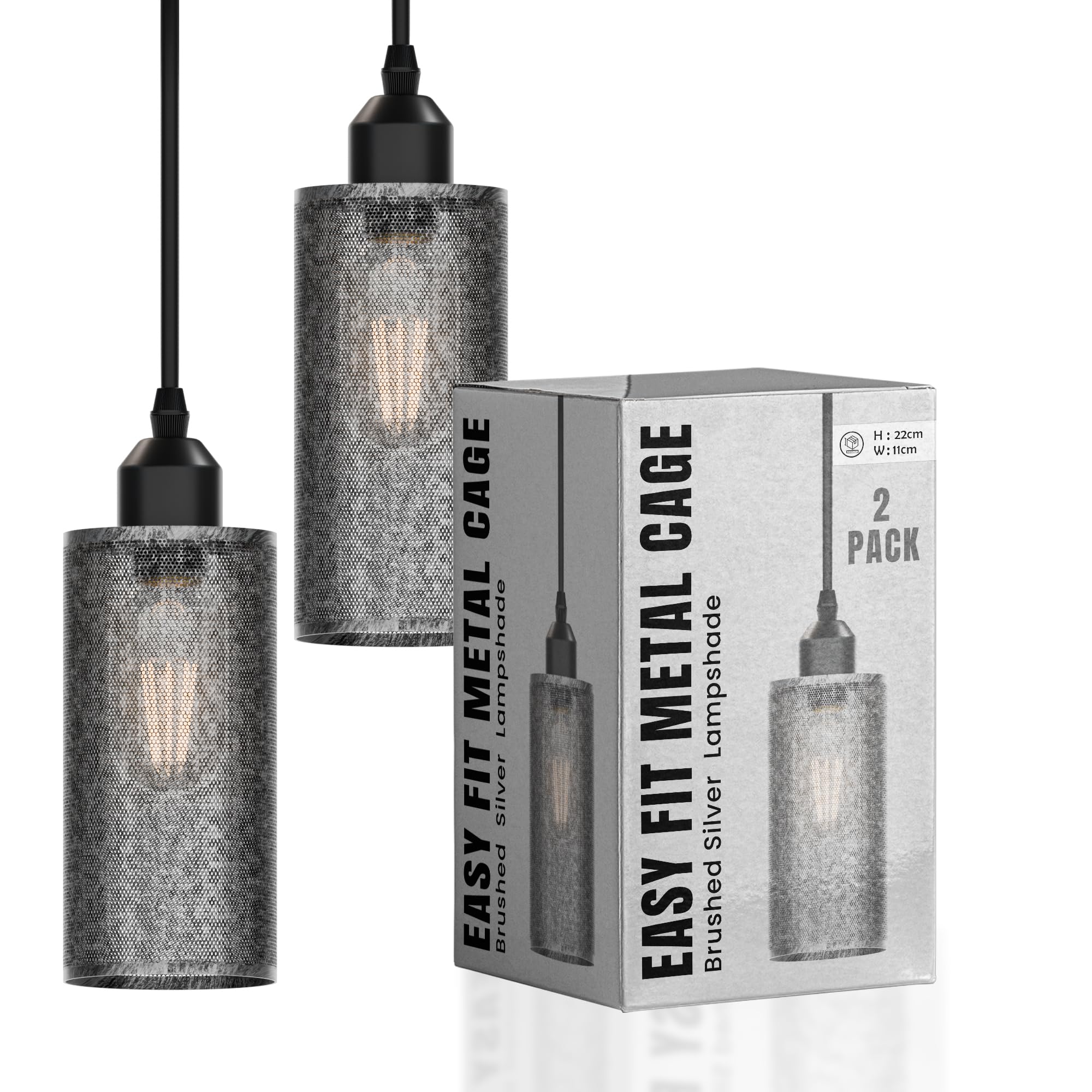 2 Pack Brushed Silver Metal Wire Cage Lampshades 22cm x 11cm Light Shades