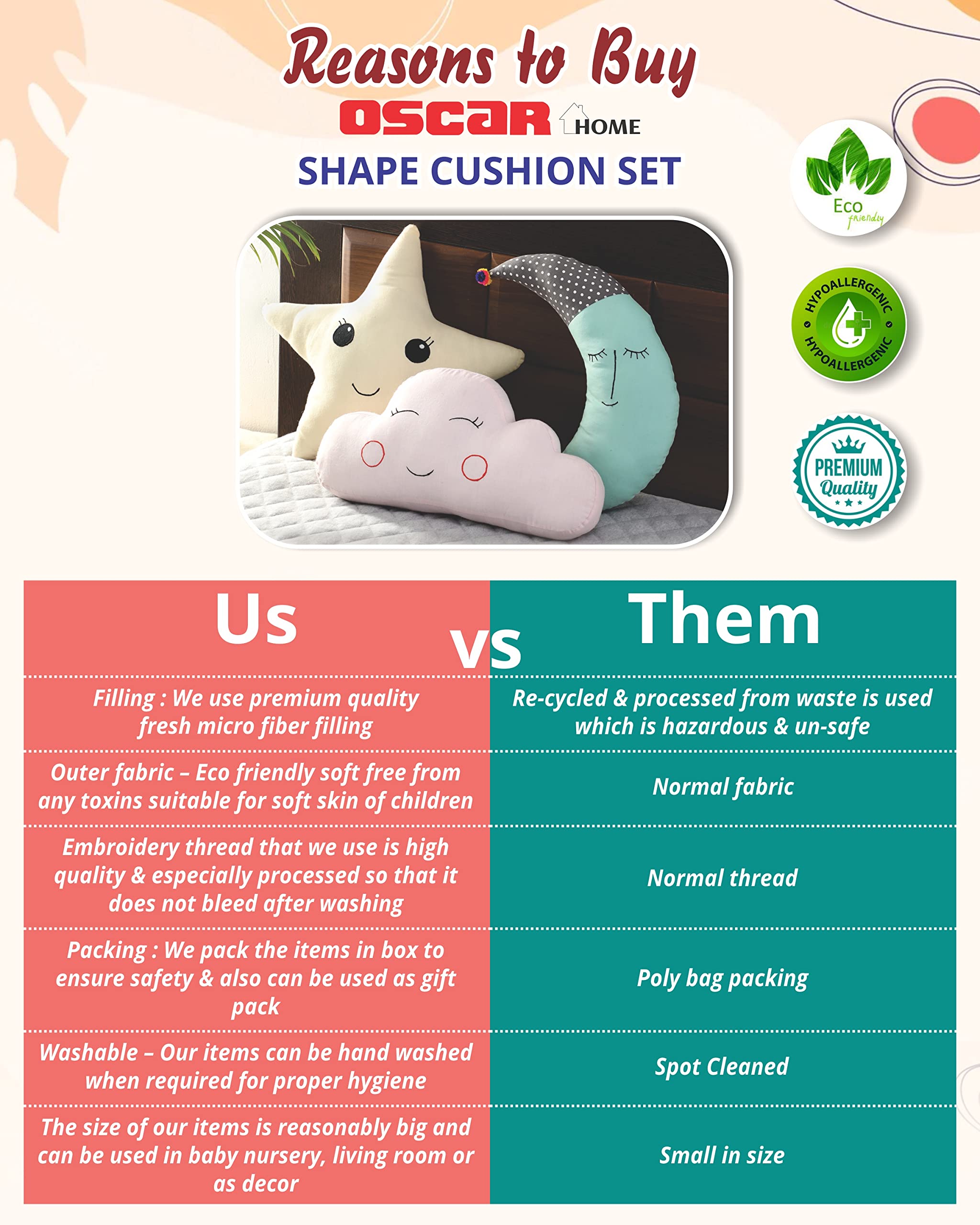 Oscar Home Shaped Soft Plush Baby Pillow for Kids Cute Cloud, Moon & Star with Embroidered Cotton Poly-Fiber Filling Cushion Set of 3 Multicolor (Star -16", Moon 13" Cloud 15" & Drop 13") 2
