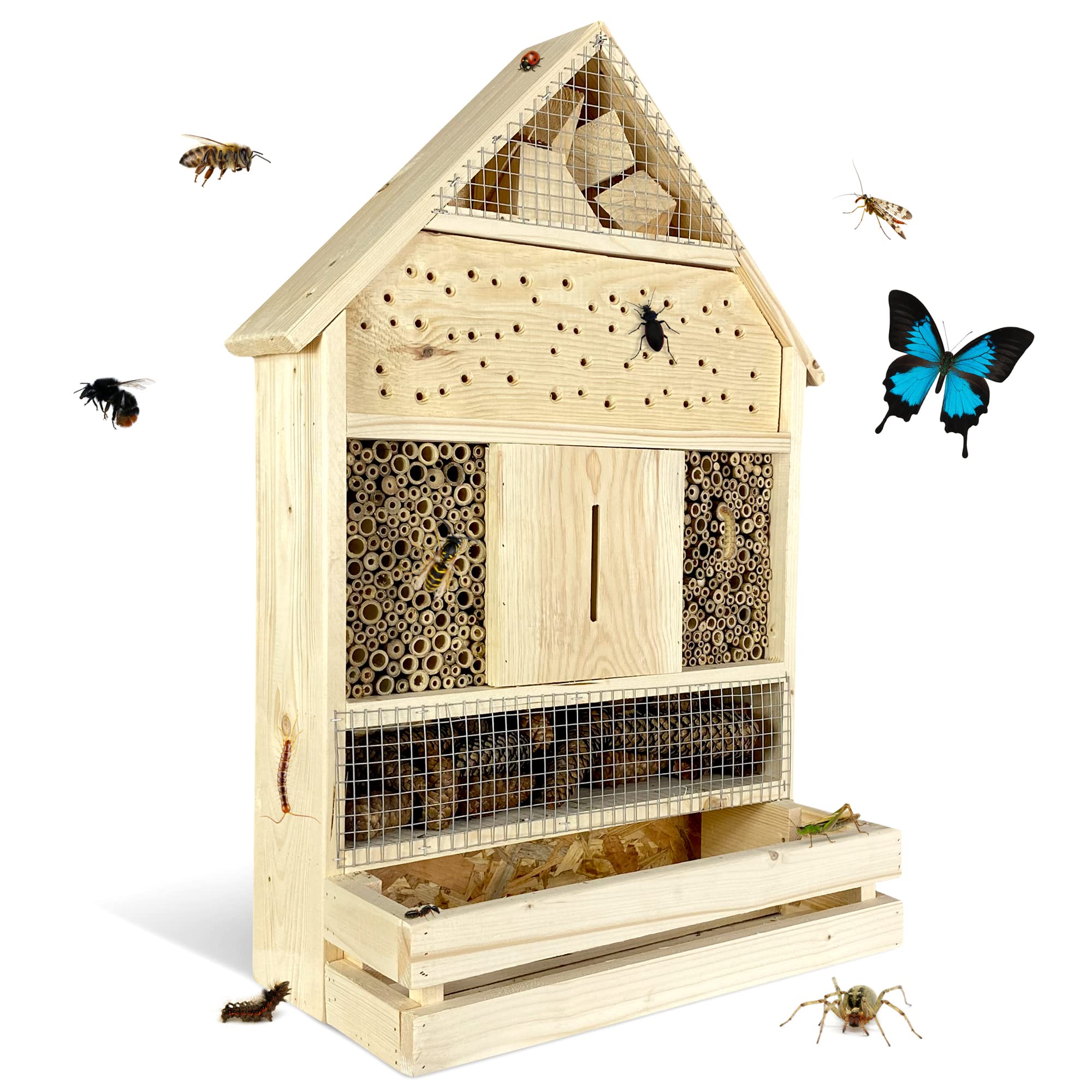 GARTENETAGE Insektenhotel zum Aufhängen XXL mit Pflanzenbalkon/Naturbelassenes, massives Insektenhaus & Bienenhotel/Insektenhotel Groß, Marienkäferhaus/Nisthilfe & Artenschutz