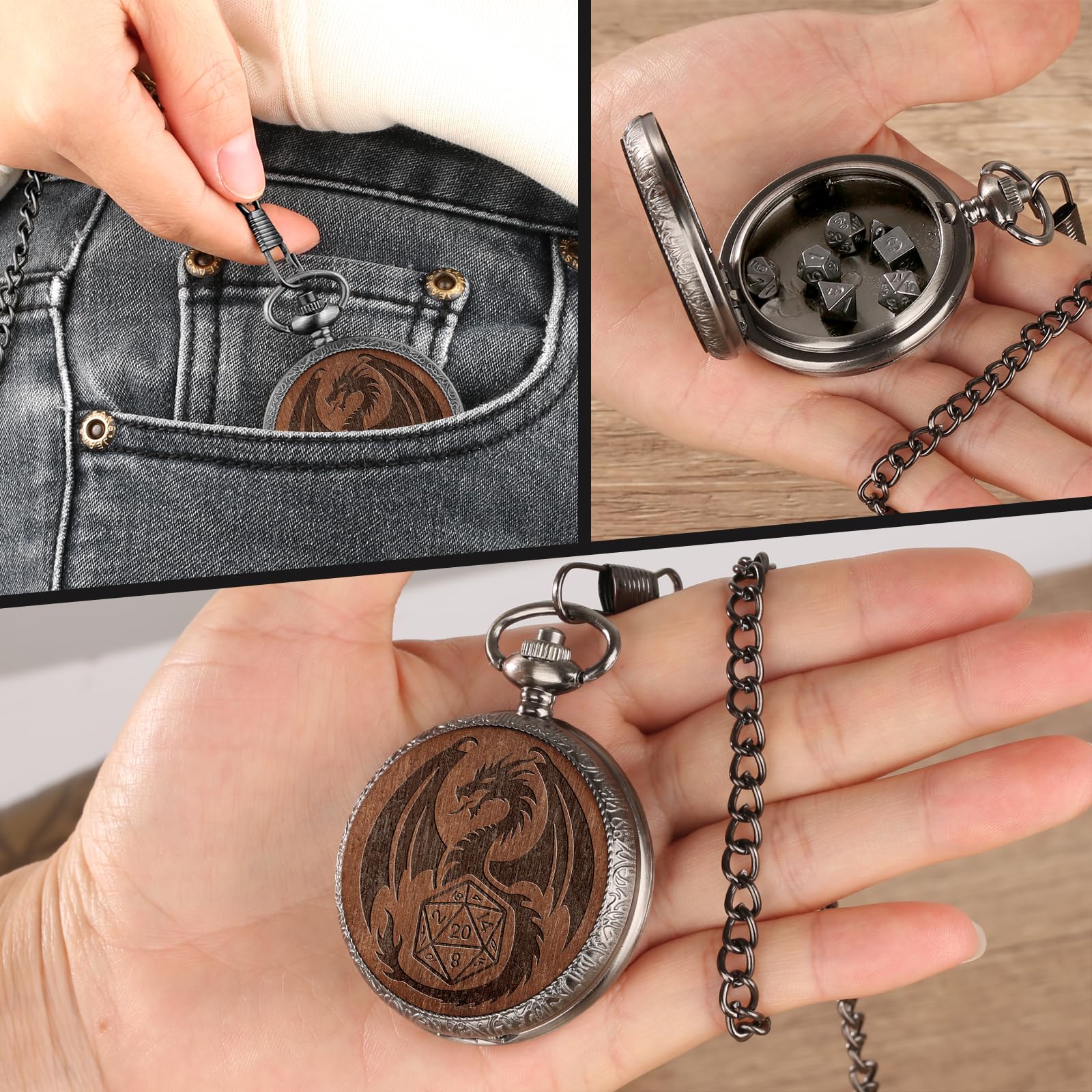 Set di Dadi Mini DND con Custodia per Orologio da Tasca Inciso, 7 pezzi di Dadi Poliedrici D&D in Metallo, Regalo di DND con Scatola Regalo, Accessori per Giochi da Tavolo di Ruolo, Argento Scuro
