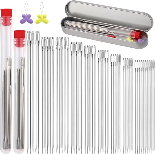 30 agujas de coser grandes para ojos, 6 tamaños, agujas afiladas de acero inoxidable, agujas de bordado de ojos grandes para coser a mano con 2