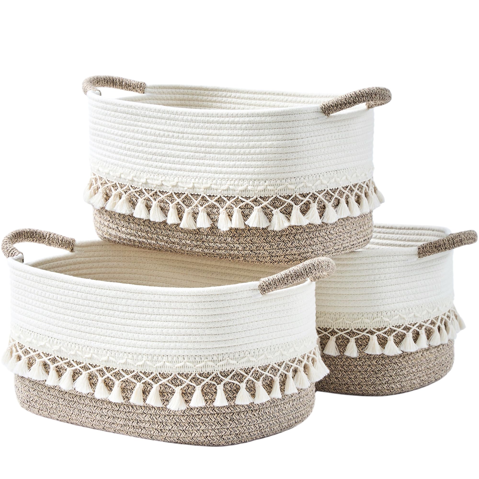 Storage Baskets for Shelves, 3 Pack Woven Cotton Rope Baskets