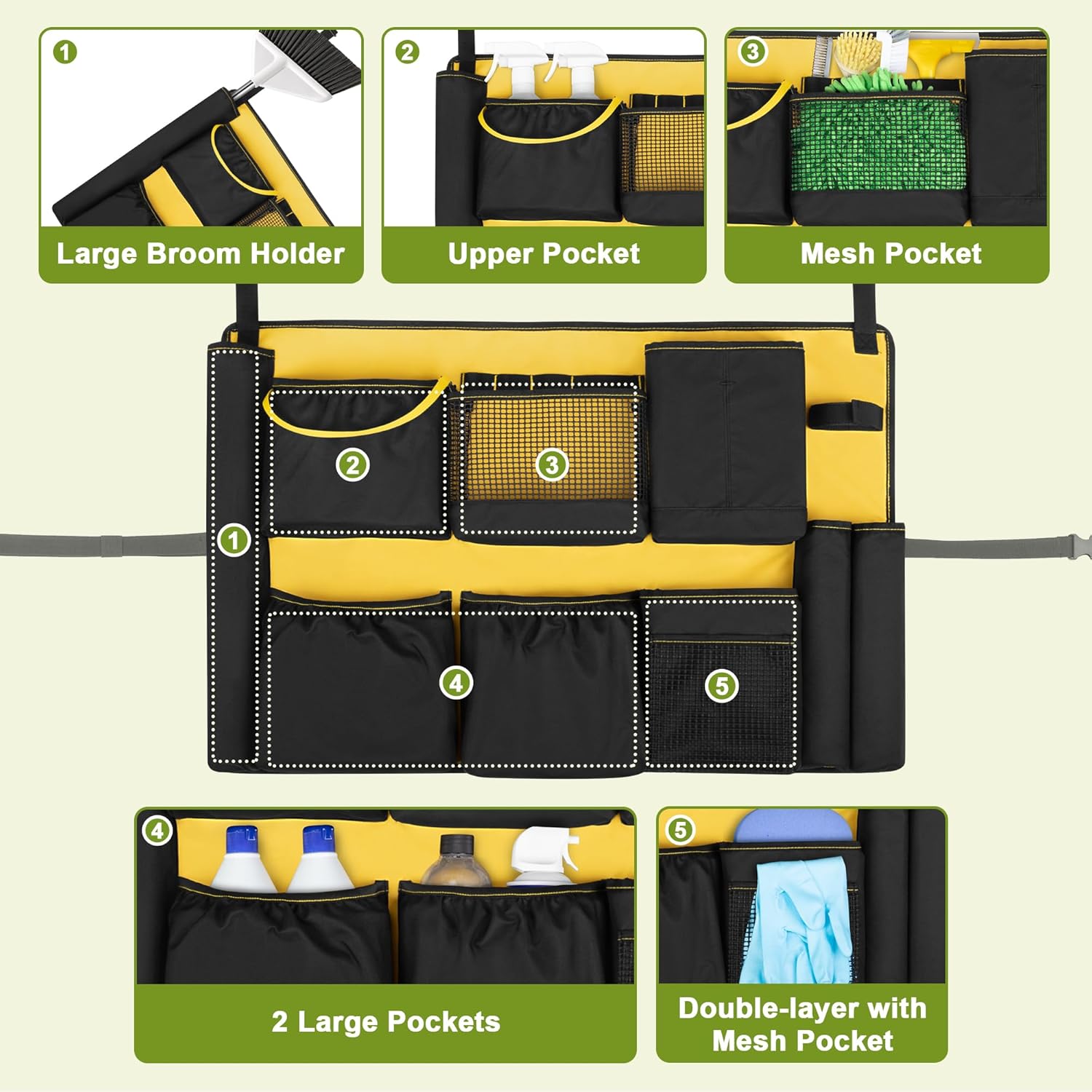 HODRANT 32-55 Gallon Trash Can Caddy Bag, Garbage Bin Apron Caddy with Multiple Pockets for Cleaning Supplies, Cleaning Tool Organizer with Adjustable Buckle for Janitorial Trash Can, Black+Yellow
