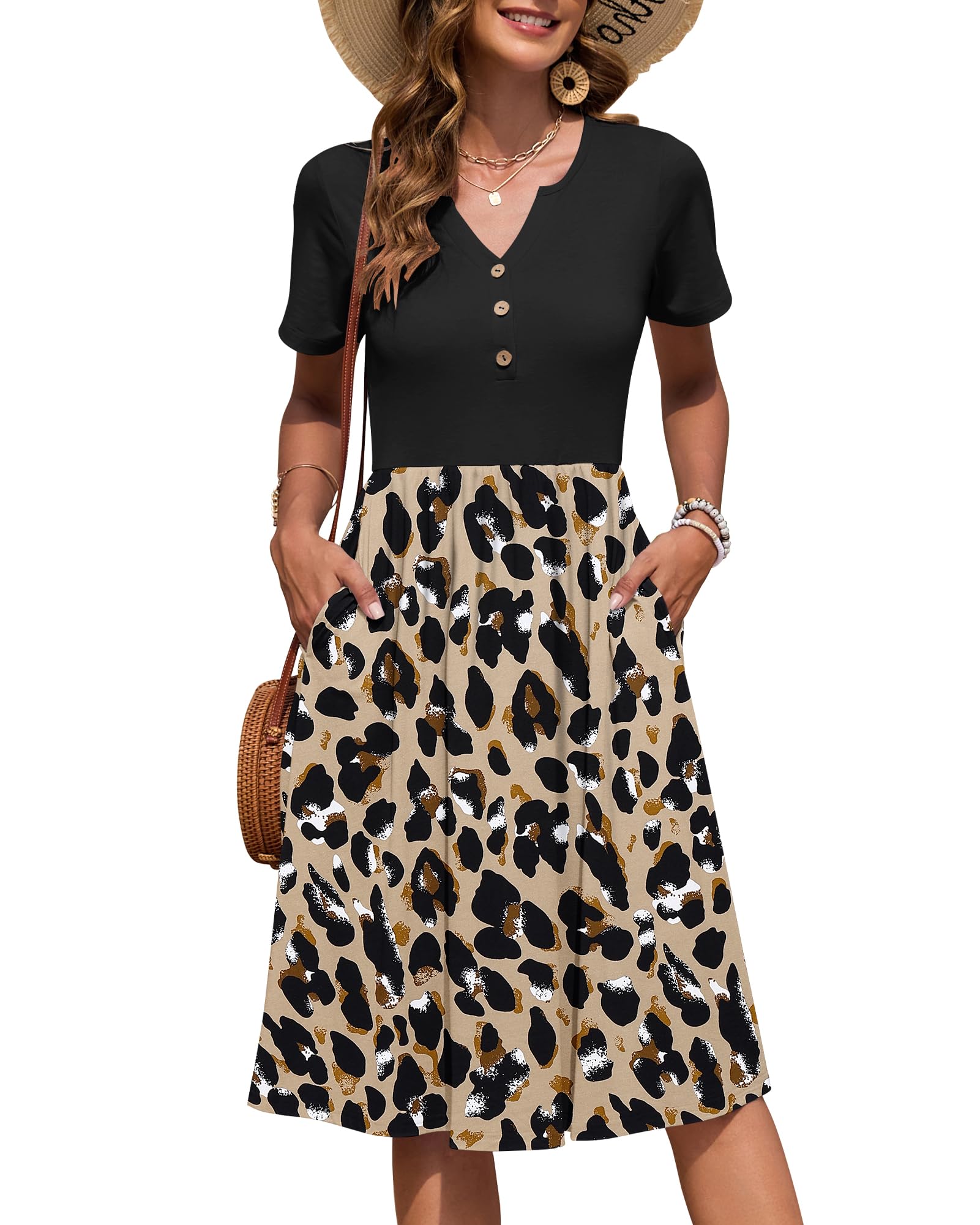 Auselily Women's Black Leopard Summer Short Sleeve Midi Dresses V Neck Empire Button Knee Length Dress With Pockets Leopard/Black Xxl