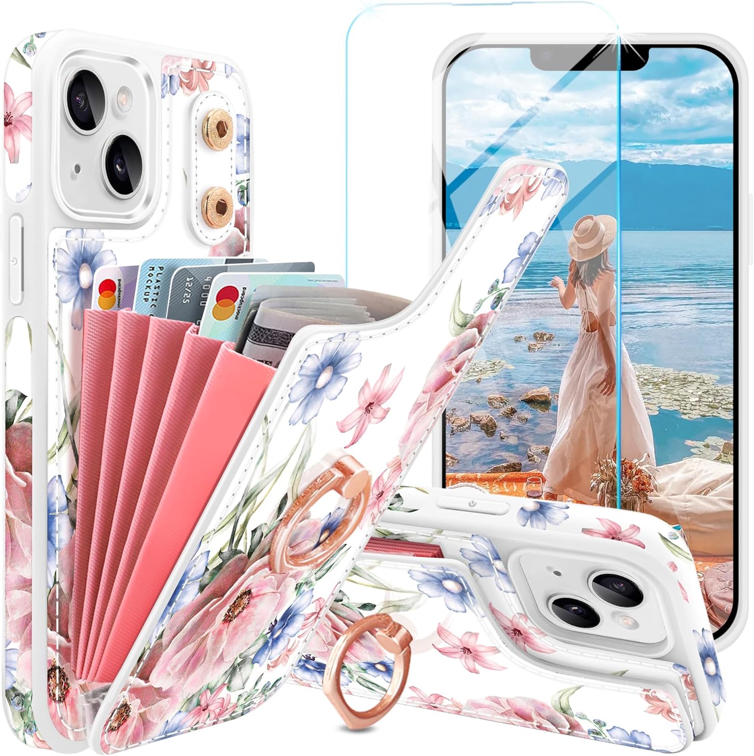 for iPhone 13 Wallet Case,[360°Rotation Ring Stand][with Screen Protector],Floral Flower Design 5 Card Holder,PU Leather Kickstand Card Slots Case for Women,Case for iPhone 14/13,6.1"