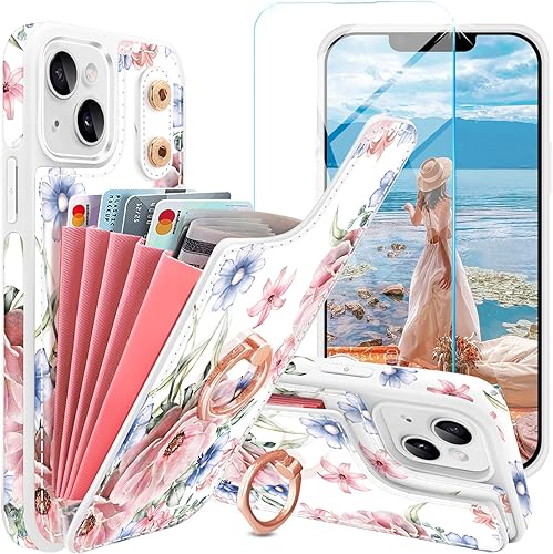 Casewind Funda tipo cartera para iPhone 13, soporte de anillo de rotación de 360, con protector de pantalla, diseño floral de flores para 5