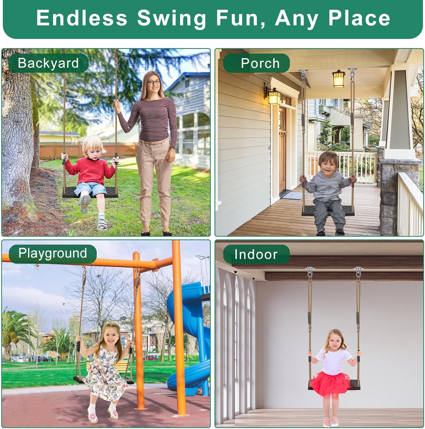 SELEWARE Heavy Duty Swing Seat with Adjustable Rope, 300lbs Capacity Non-Slip Plastic Tree Swing for Kids, Playground Swing Set Accessories Replacement with Snap Hooks for Indoor Outdoor Use (Black)