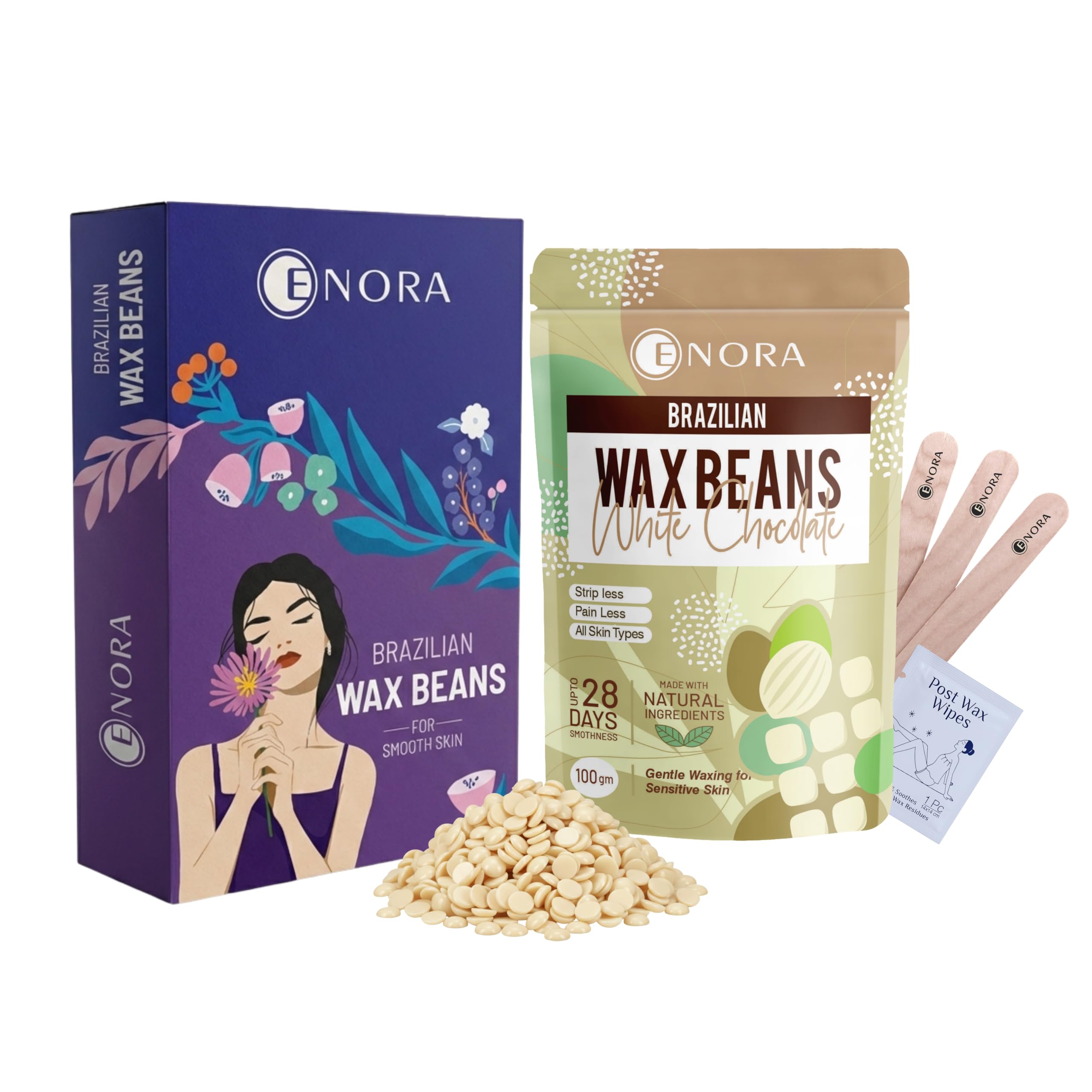 ENORA Brazilian Wax Beans, Lavender Scented Stripless Hair Removal Hard Wax for Face, Bikini, Underarm, (100 GRAM, WHITE CHOCOLATE)