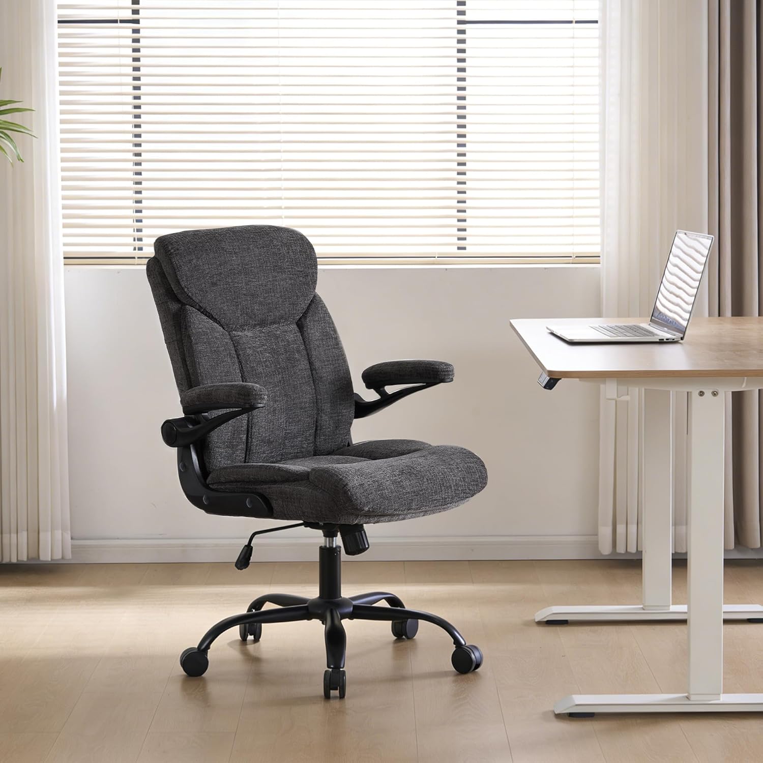 Home Office Ergonomic Desk Chair - Comfy Fabric Executive Chair with Flip-Up Armrests, Height Adjustable Computer Chair for Gaming, 360° Swivel & Rocking (Grey)