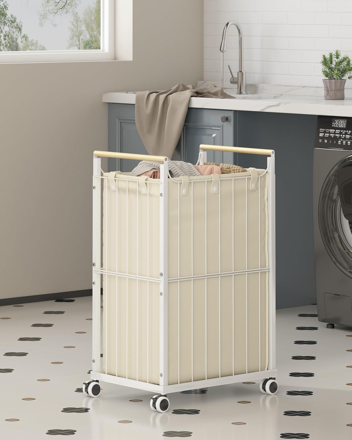 Laundry Hamper with Wheels,Laundry Basket with Wooden handle, Laundry Sorter with Removable Liner Bag,Suitable for Laundry Room, Bedroom,Bedroom(Beige, 78L)
