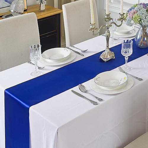 Miniatura 4 de Paquete de 5 caminos de mesa de satén de 12 x 108 pulgadas de largo, camino de mesa de seda satinada azul real para boda, cumpleaños, recepción,