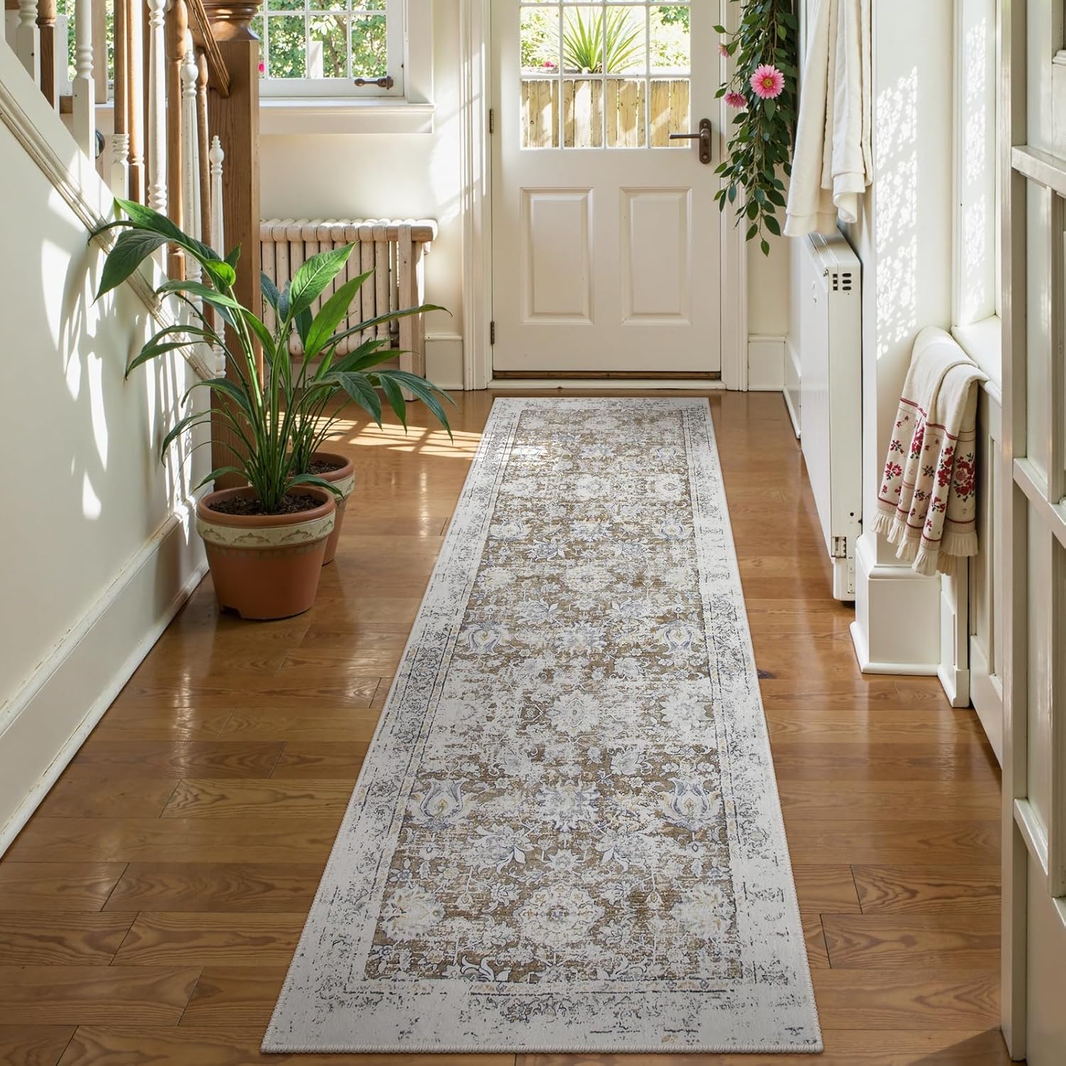 Lahome Vintage Floral Hallway Rug, 2.5X8 Ultra Thin Kitchen Runner Rug,Non Slip Washable Runners,Soft Non Shedding Carpet Runners for Bedroom Entryway ‎Laundry Room(2.5x8ft,Khaki)