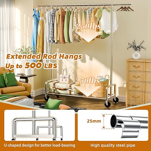 Miniatura 2 de Simple Trending - Perchero resistente de ropa con ruedas para colgar, organizador de ropa rodante de metal con capacidad de carga de 500 LBS, cromado