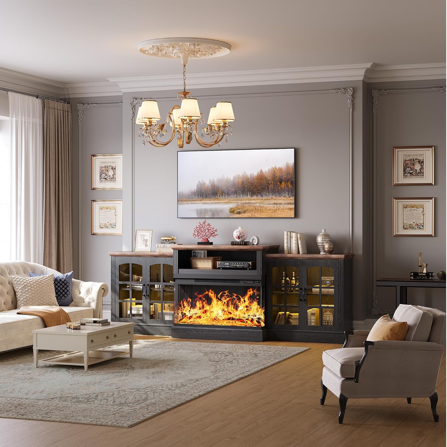 97" Fireplace TV Stand with 36" Electric Fireplace, Farmhouse Entertainment Center for TVs up to 100", Media Console Table with Large Storage Cabinets, for Living Room, Black