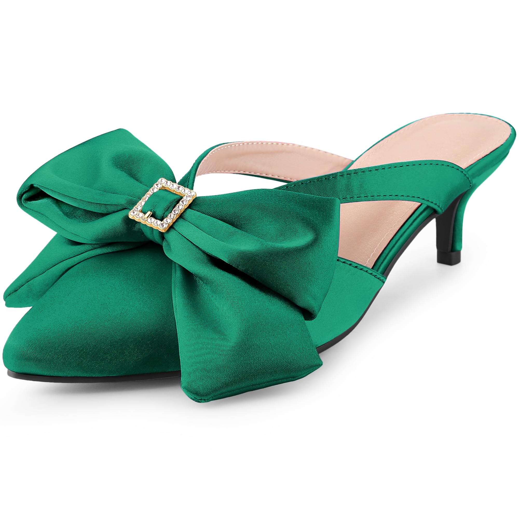 Perphy Bow Heels Closed Pionted Toe Kitten Heel Satin Slide Mules for Women