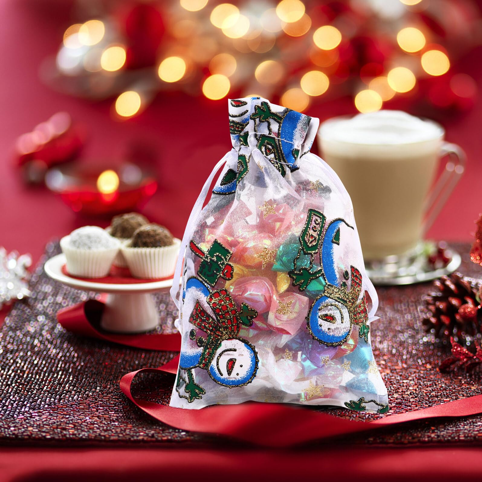 VERDANVERSE 50 Sacchetti Porta Caramelle Natalizi in Organza con Coulisse Sacchetti Porta Regali a Tema Natale con Stampa Fiocchi di Neve e Renne Matrimoni e Bomboniere