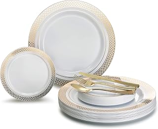 " OCCASIONS " 125pcs set (25 Guests)-Wedding Plastic Plates & cutlery -Disposable heavyweight Dinnerware 10.5'', 6.25'' + Gold Silverware (Celebration White & Gold)