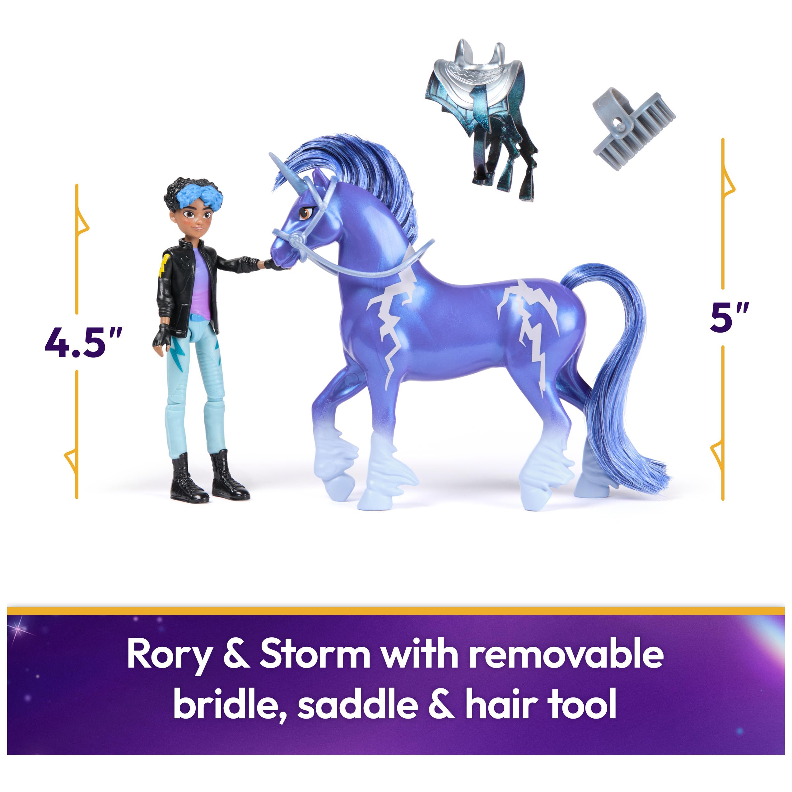 Unicorn Academy Set – Rory e Unicorno Storm con vera criniera e coda e spazzola, circa 12 cm personaggi originali della popolare serie Netflix, per bambini dai 4 anni in su