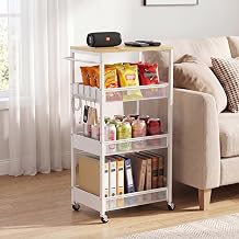 Rolling Utility Cart, 4 Tier 11.8" Wide Metal Storage Cart with Handle and Wood Top, Multifunctional Mobile Shelf Unit Organizer Trolley for Laundry, Bathroom, Kitchen