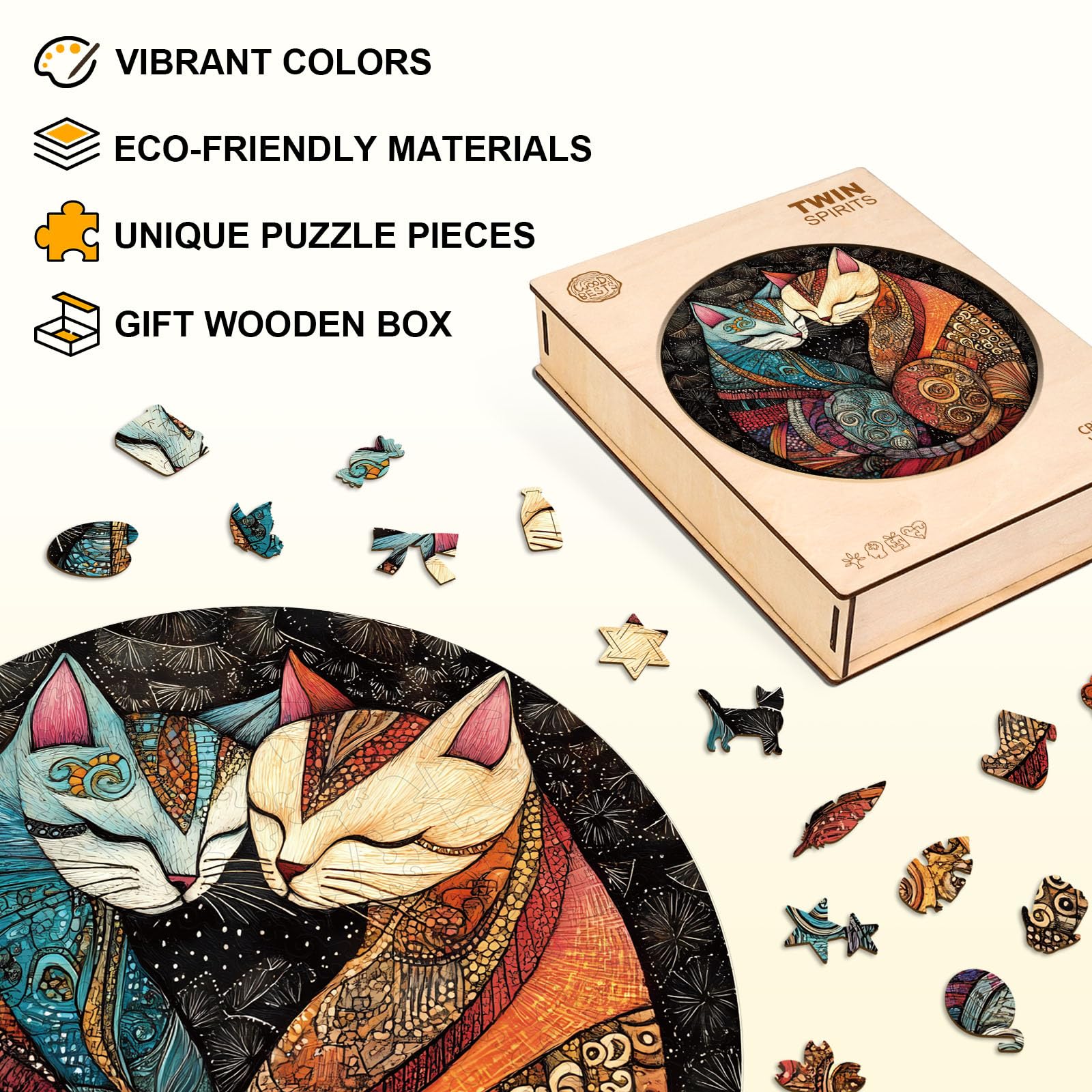 Jigfoxy Holzpuzzle für Erwachsene, Zwillingskatzen-Puzzles für Erwachsene, einzigartige Tierform, Holzschnitt-Puzzles, Weihnachtsgeschenke, Erntedankgeschenke für Freunde, Familie (M-29 x 24,9 cm, 170