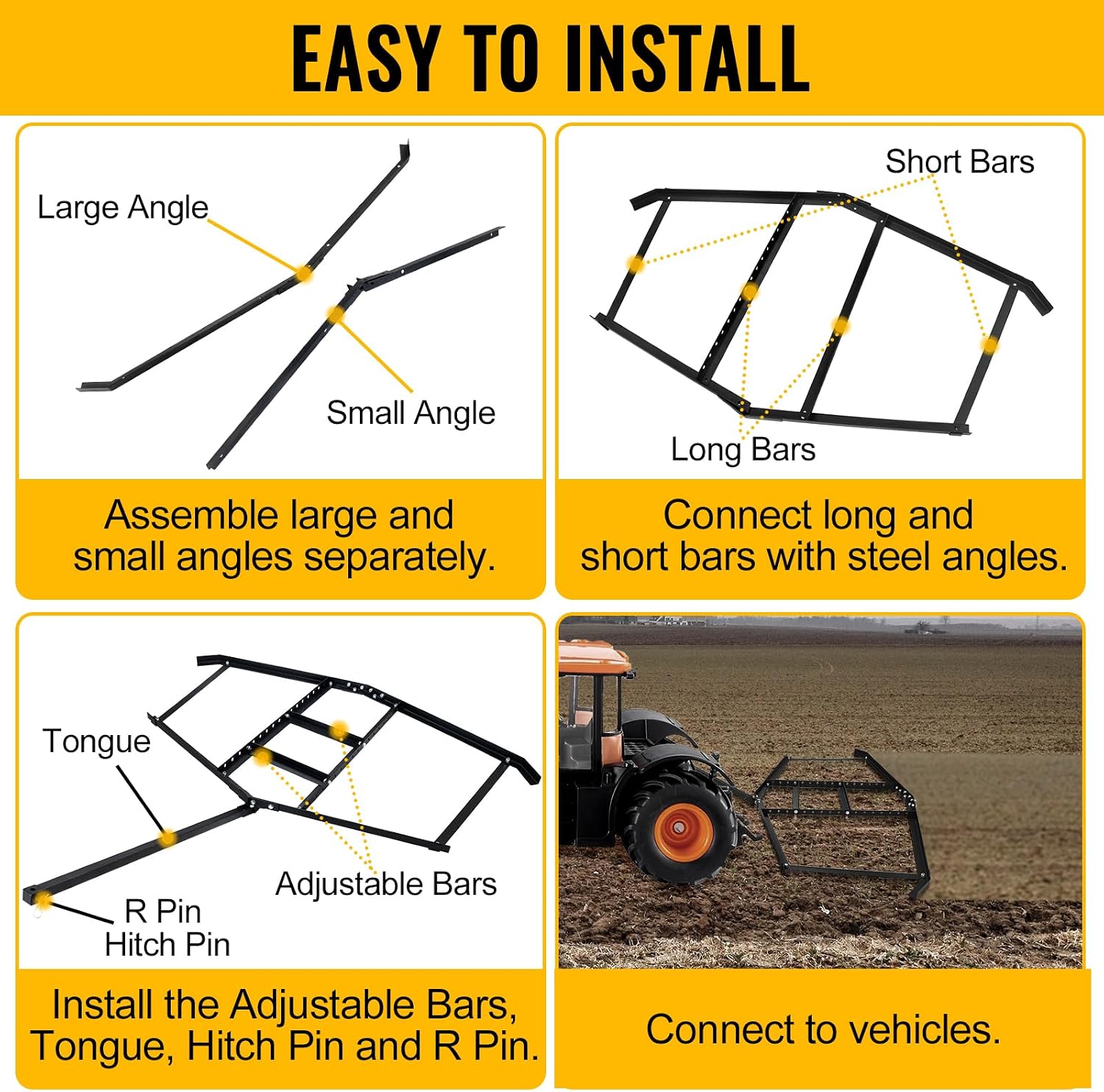 Driveway Grader 74" Width, Driveway Drag Harrow with 2 Adjustable Bars for Efficient Field and Lawn Leveling, Heavy Duty Driveway Grader for ATV, UTV and Garden Tractors