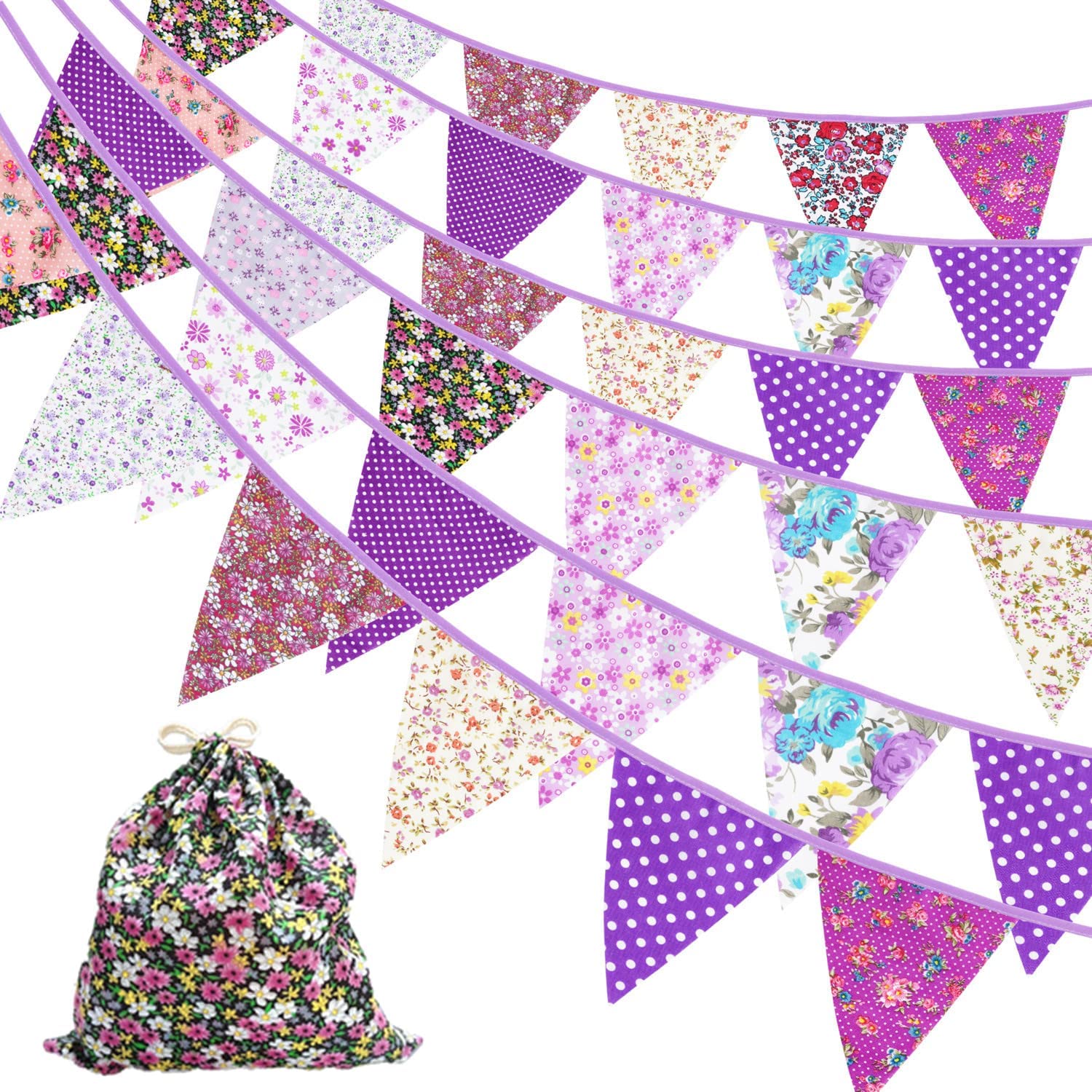 GDFAN 49Ft Fabric Bunting Banner,50pcs Vintage Cotton Triangle Flags,Floral Pennants Triangle Flags for Birthday Wedding Party Home Garden (Purple)