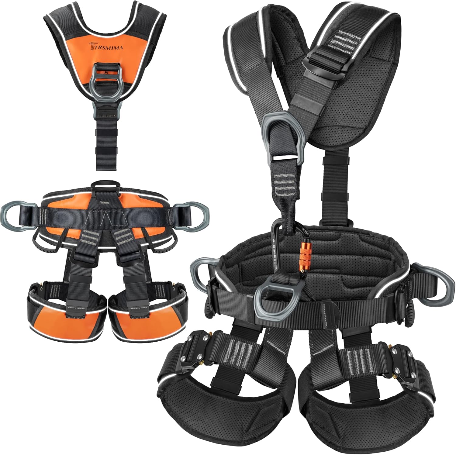 TRSMIMA Detachable Full Body Safety Harness for Roofing, Tree Work & Rock Climbing - Fall Protection with Carabiner & Reflective Straps