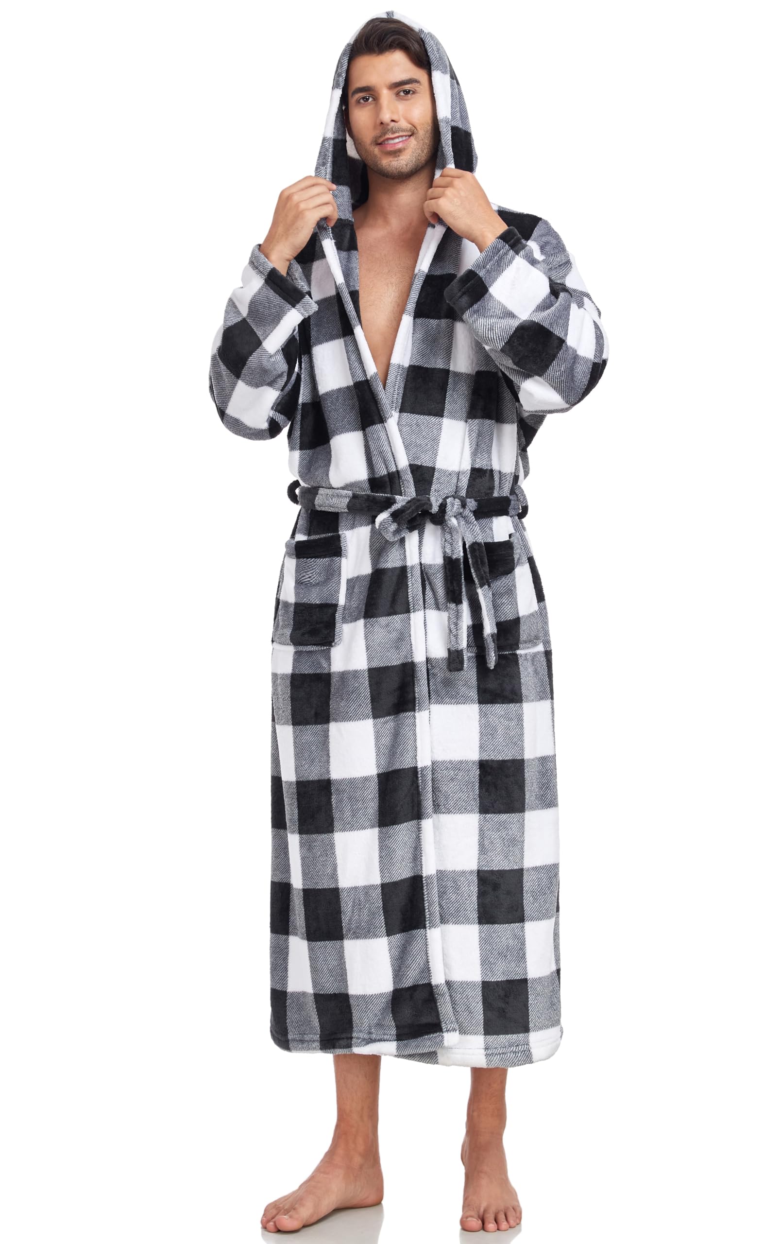 VintageClothing Mens Hooded Robe Plush Fleece Soft Fluffy House Coat Lounge Robe Full Length Bathrobes with Pockets