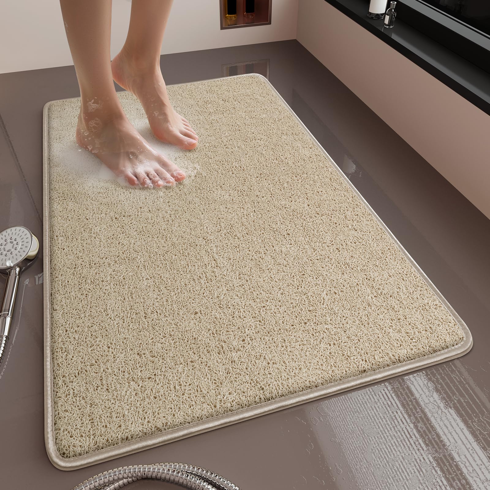 Muecleao Loofah Shower Mat, Non Slip Anti Mould Bath Mats with Reinforced Edge for Inside Shower, Washable Antibacterial Soft PVC Bath Mat with Drain — image 1