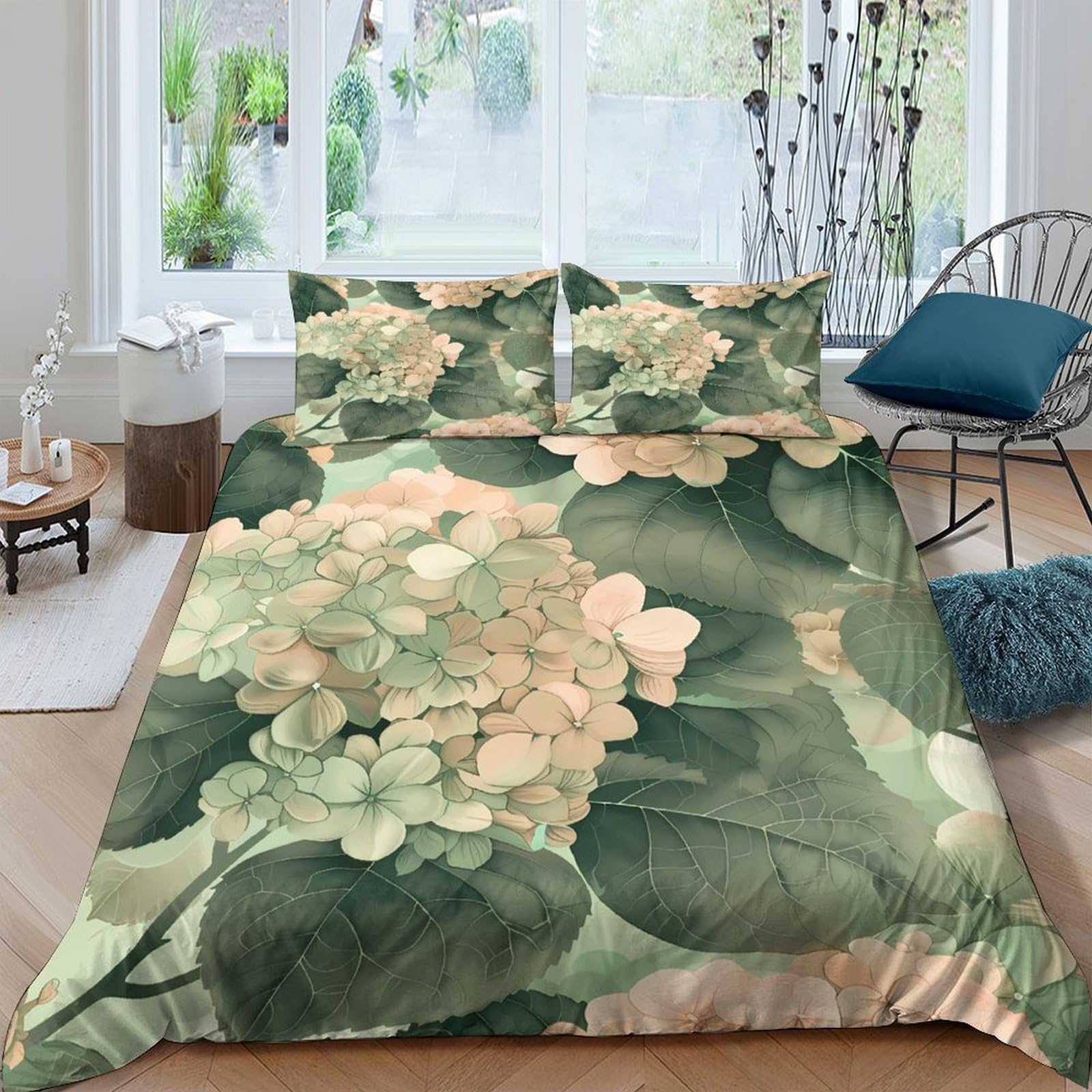 Ctjqhvkz Style-1 3D Printed Hydrangea Blossom Fitted Sheet Microfiber Soft Green Botanical Mattress Cover For Bedroom Guest Room Decor Single（135X200cm）