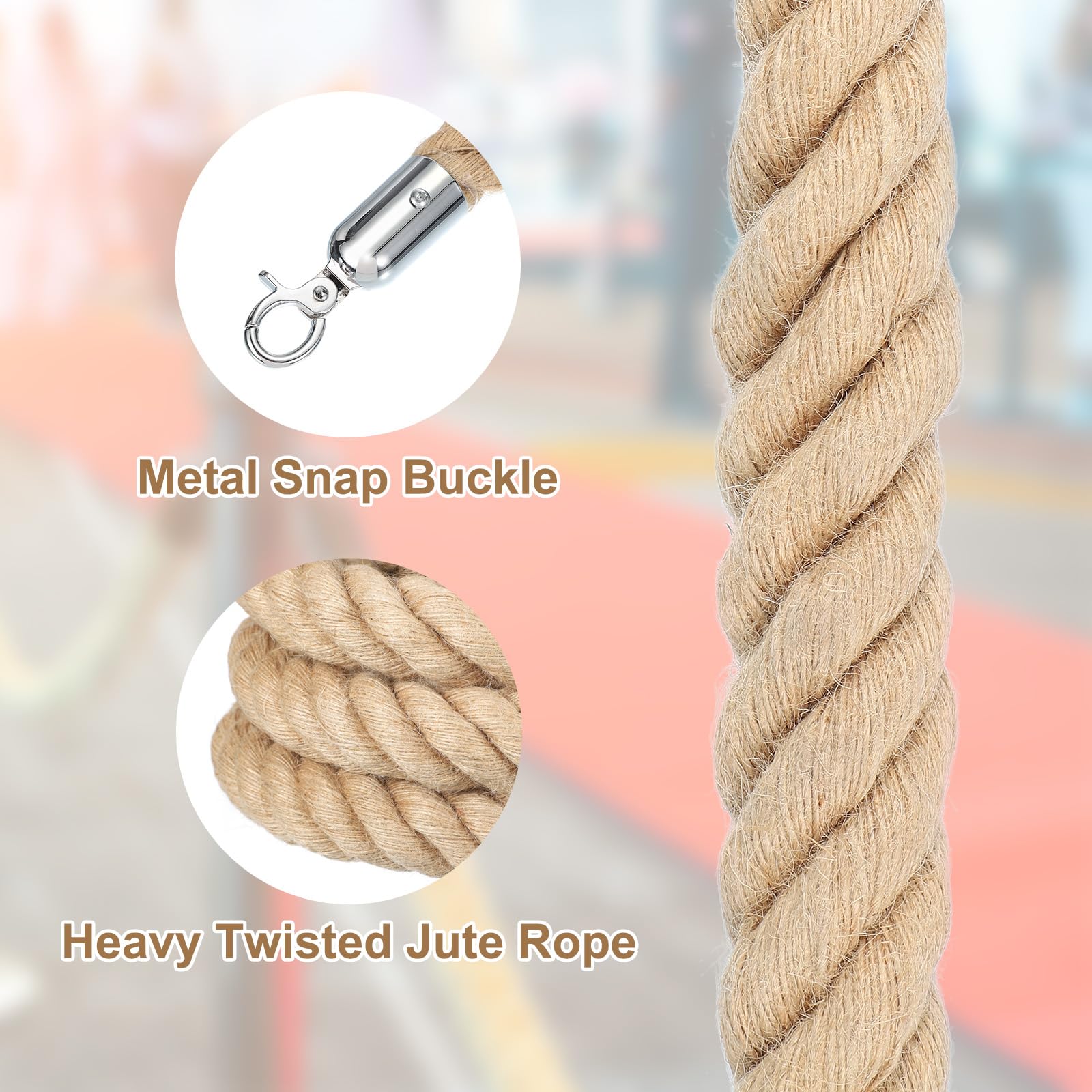 QUARKZMAN 4Pcs Jute Stanchion Rope 3ft x 1.3 Inch Avec Mousquetons