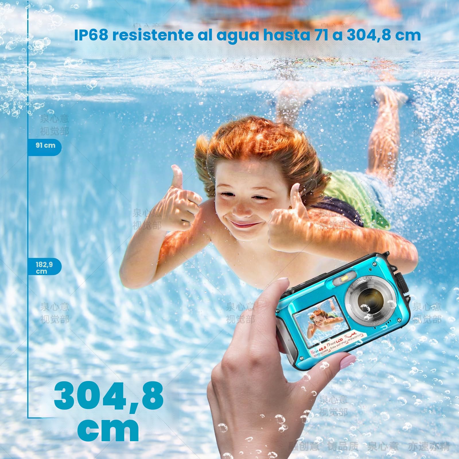 Cámara Digital Impermeable, Cámara Submarina HD 2.7K 48MP con Doble Pantalla para Buceo 3M para Nadar, Zoom Digital 16X Anti-Vibración, Azul