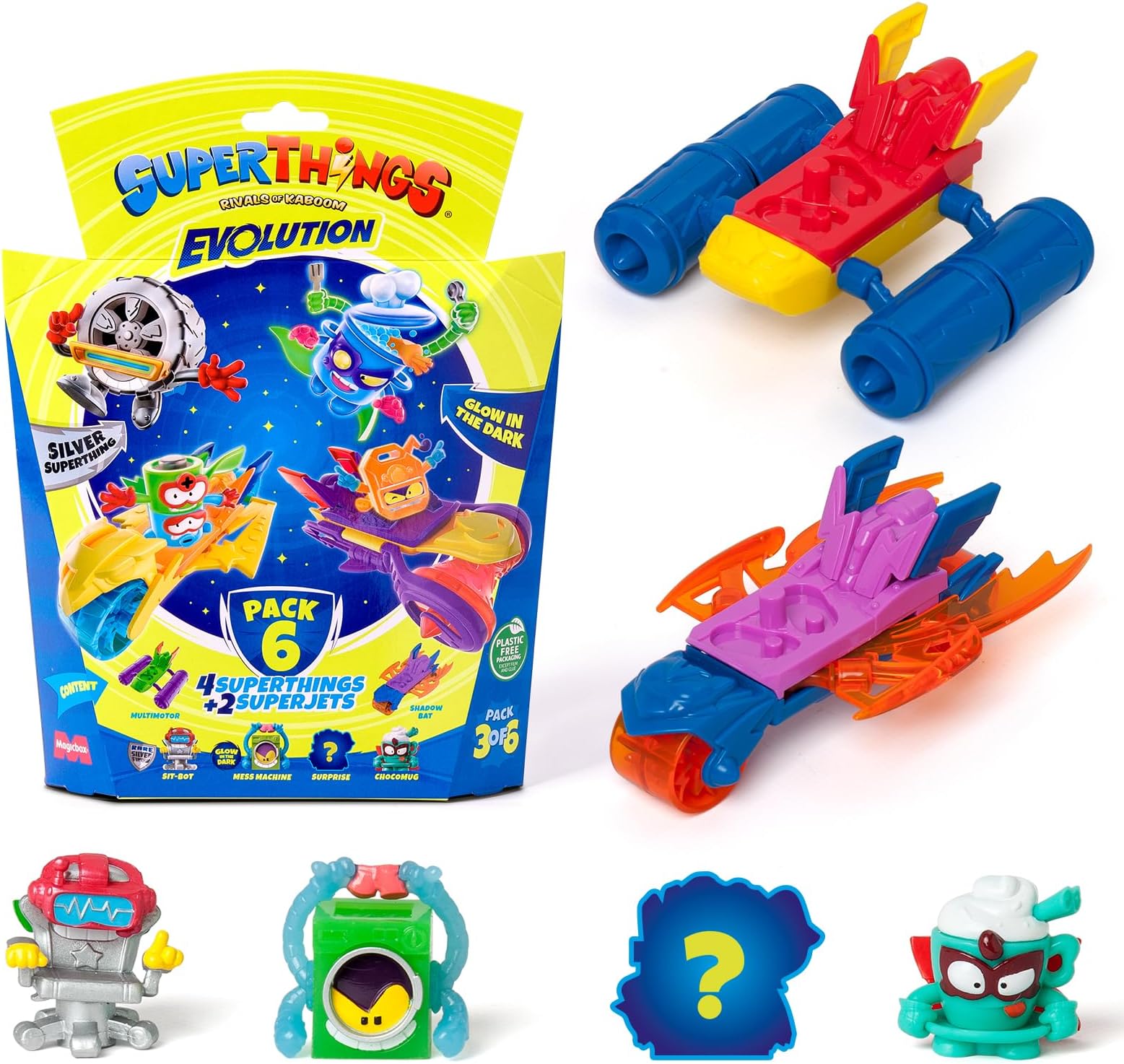 SUPERTHINGS Evolution series – Pack of 6. Includes 4 SuperThings (1 silver captain) and 2 Superjets. Pack 3 of 6
