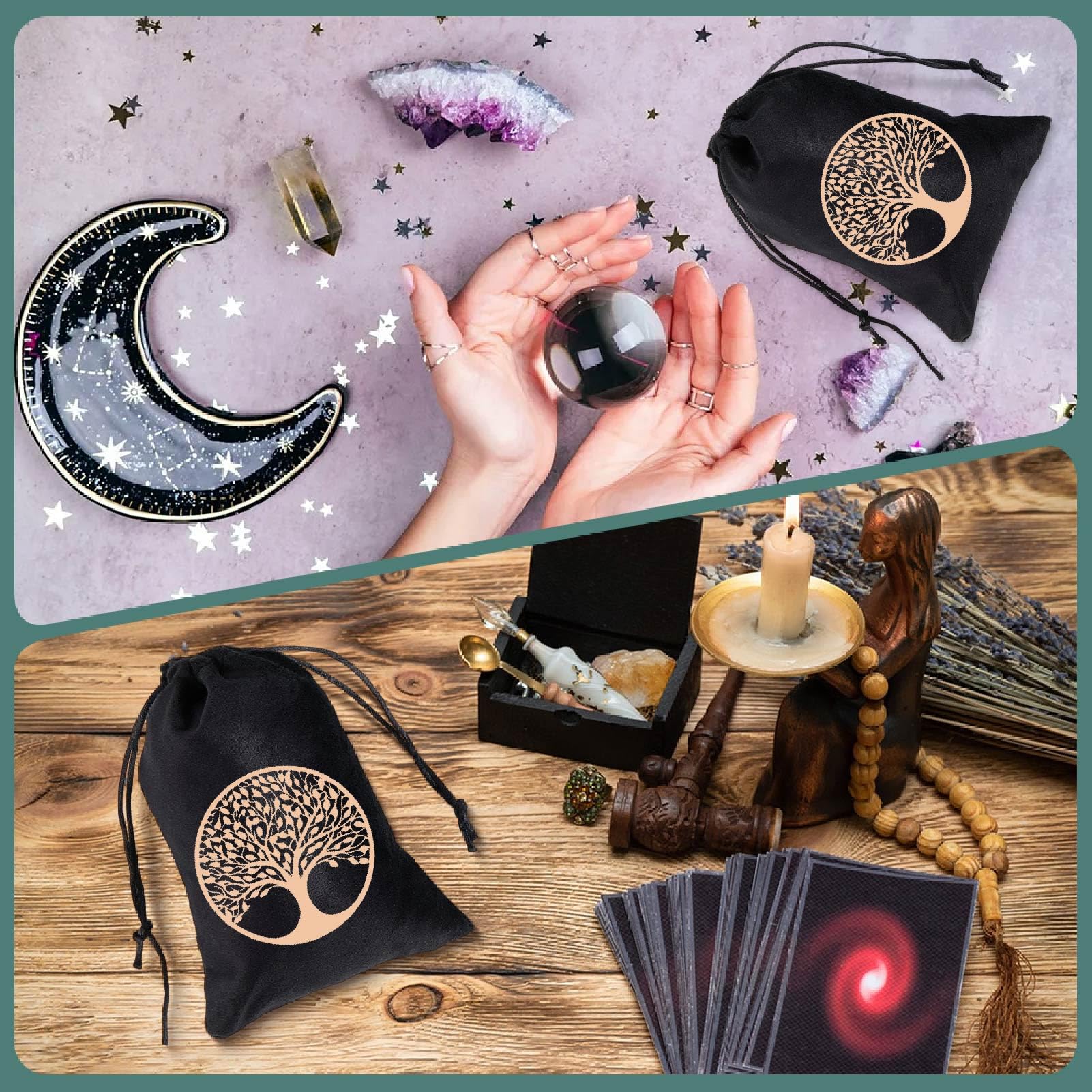 CREATCABIN 2Pcs Tarot Cards Storage Bags Drawstrings Bags Tarot Cards Holder Pouches Tarot Deck Bags Black Tree of Life Jewelry Wrap Velvet Bags for Crystals Dices Rune Altar Gift 5x7Inch - Image 4