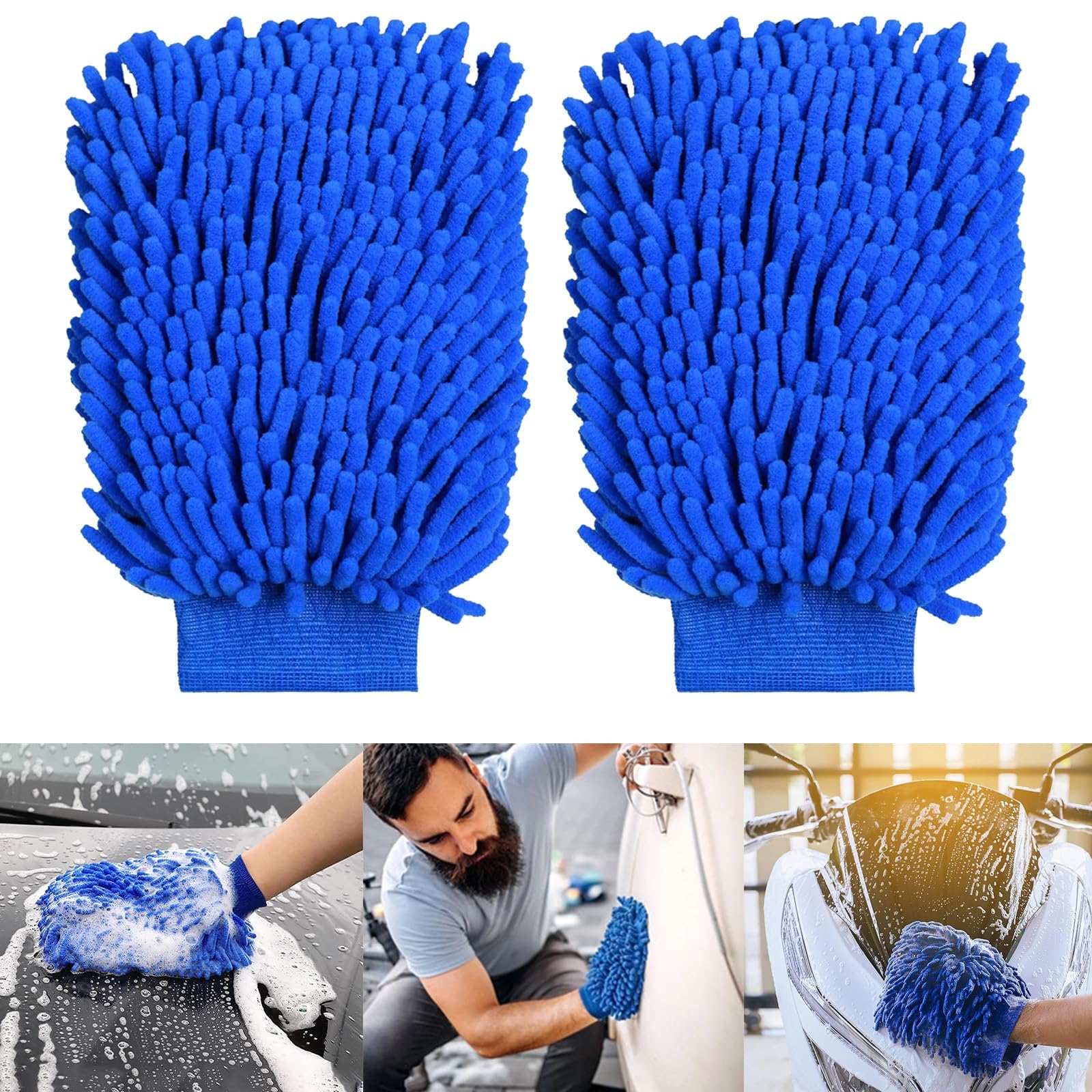 2 PCS Car Microfiber Drying Mitts, Super Absorbent Wash Gloves, Blue Noodle Mitts